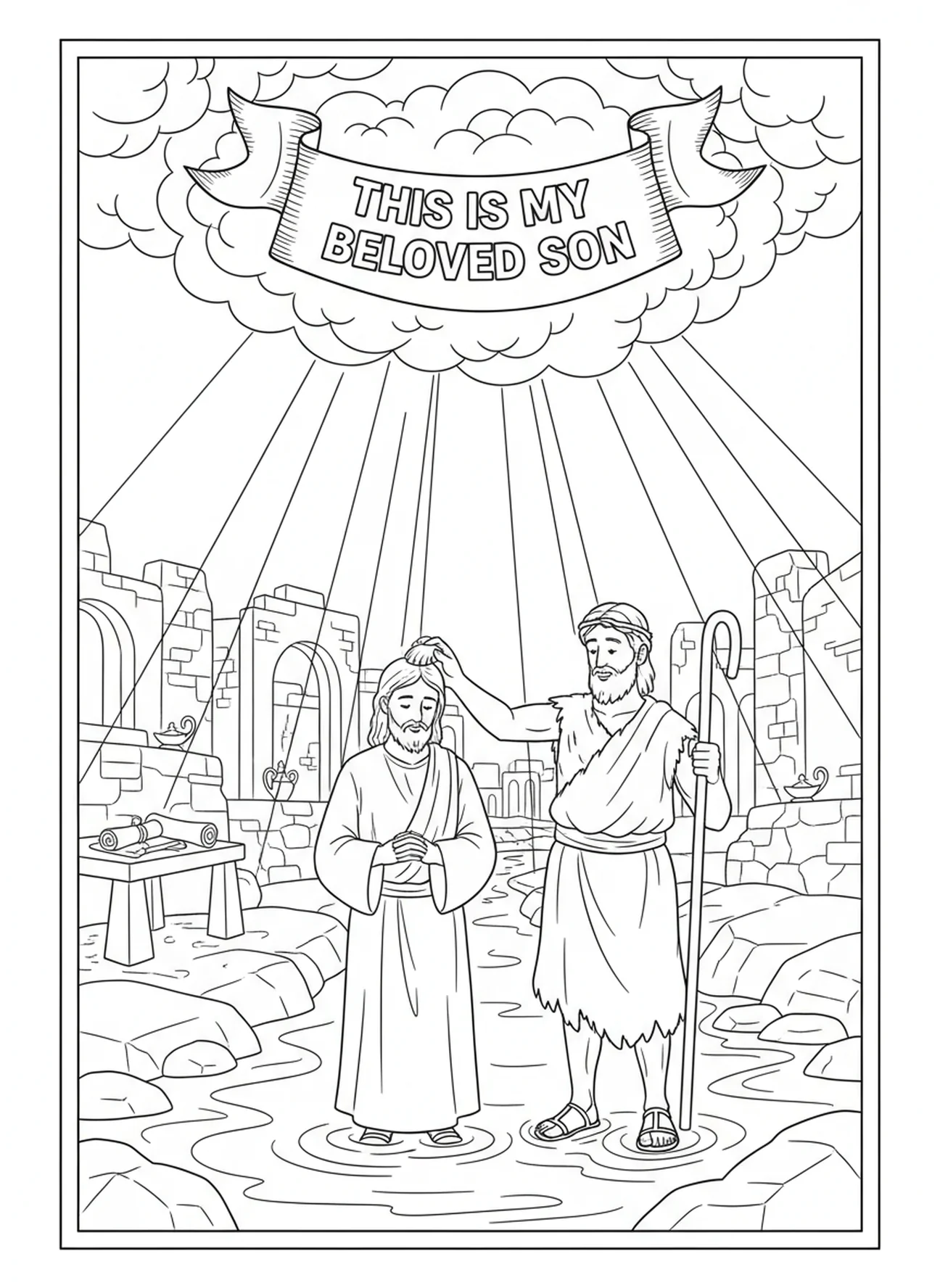 Der Himmel öffnet sich mit einer Stimme, die spricht, Ausmalbild zur Taufe Jesu für Kinder in der Sonntagsschule im Alter von 5-12 Jahren.