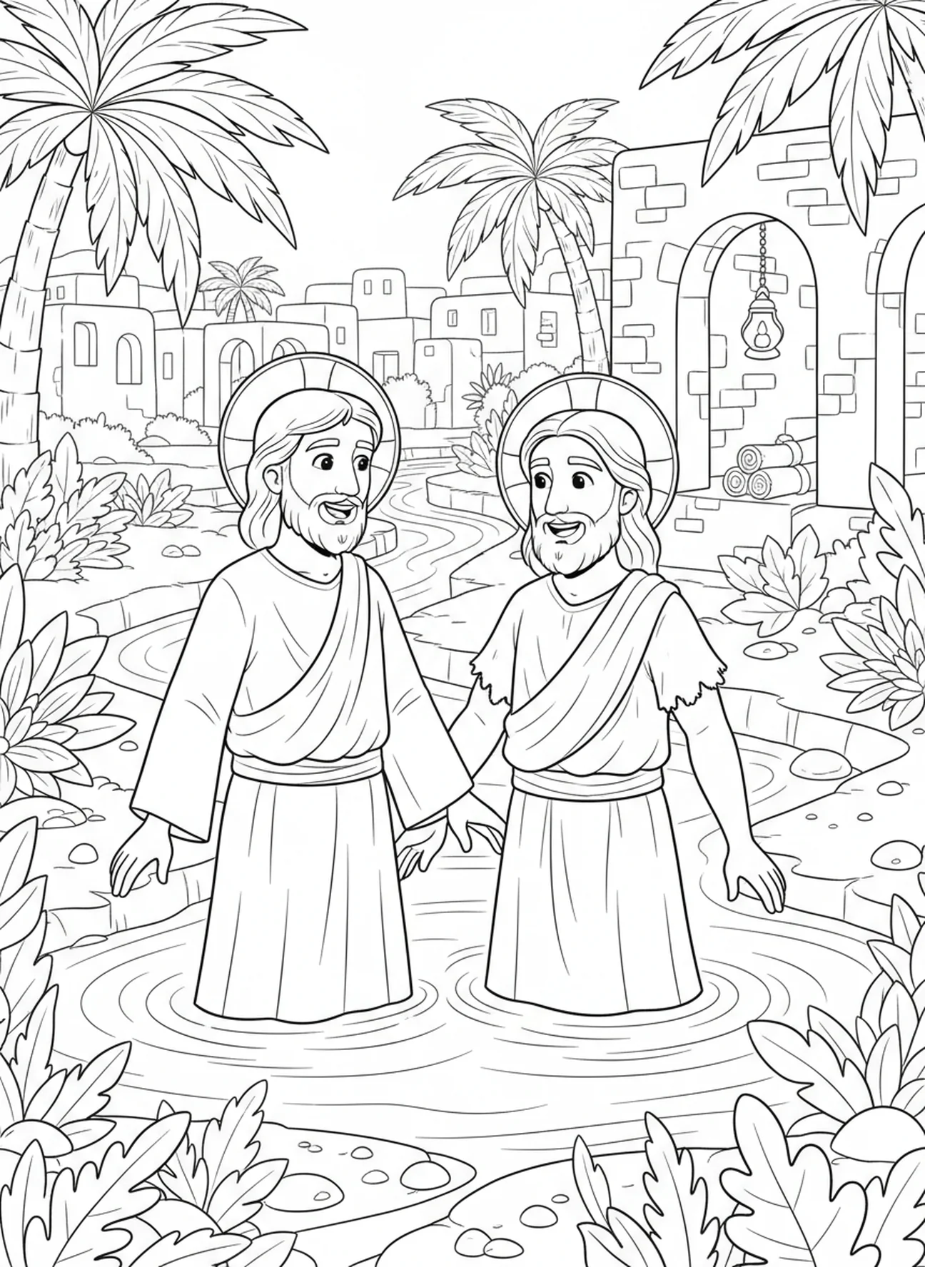 Jesus und Johannes lächeln zusammen, Ausmalbild zur Taufe Jesu für Kinder im Alter von 5-12 Jahren in der Sonntagsschule.