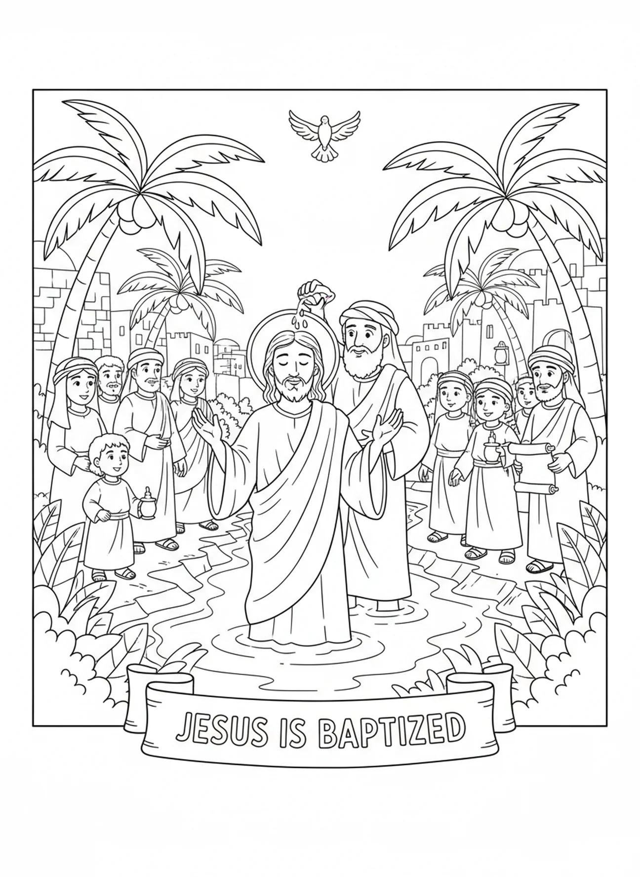 Jesus hebt seine Hände im Gebet, Ausmalbild zur Taufe Jesu für Kinder in der Sonntagsschule im Alter von 5-12 Jahren.
