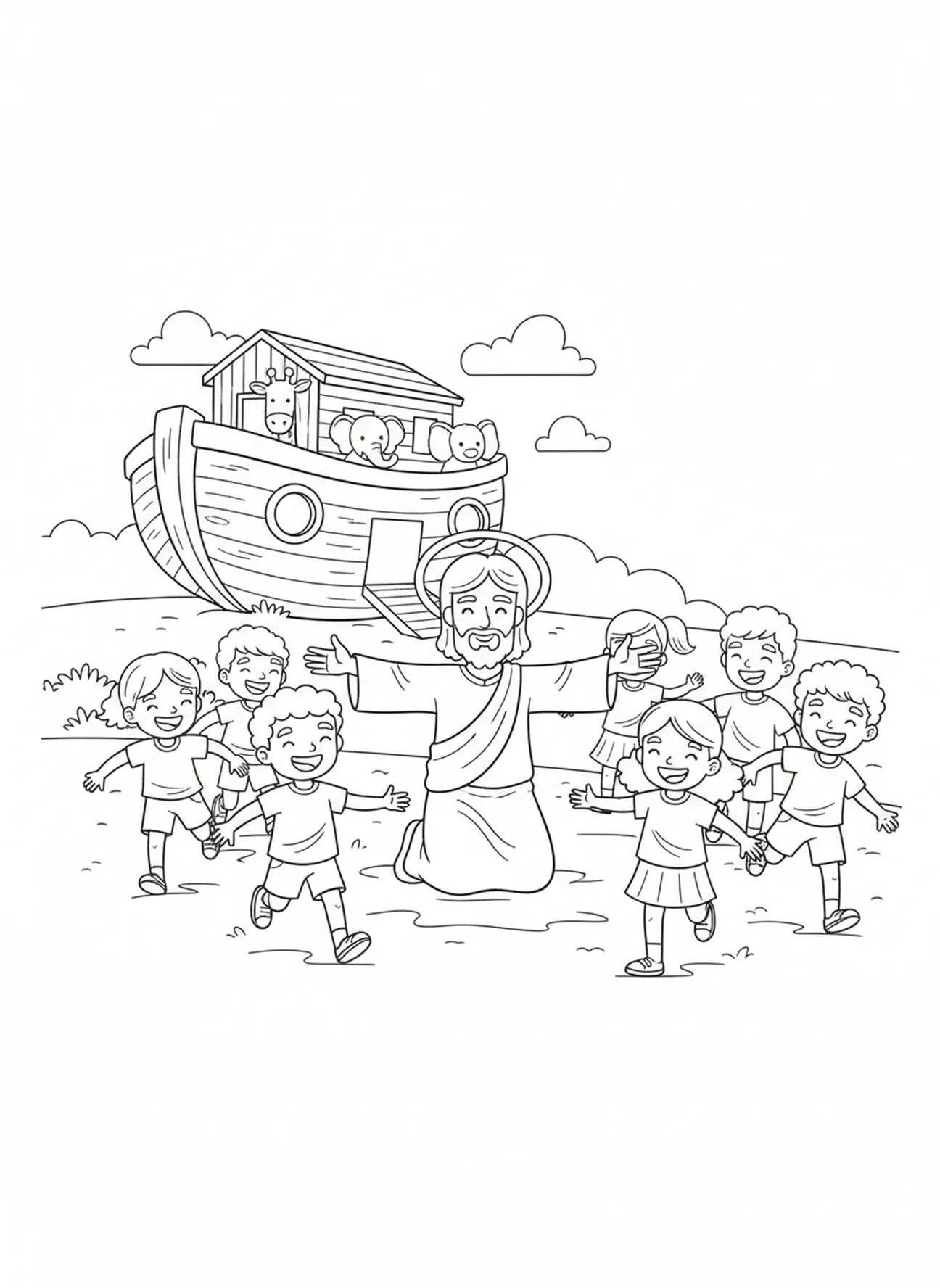 Children joyfully running to Jesus, Jesus Loves Children Jesus Blessing Children coloring page for kids age 5-10.