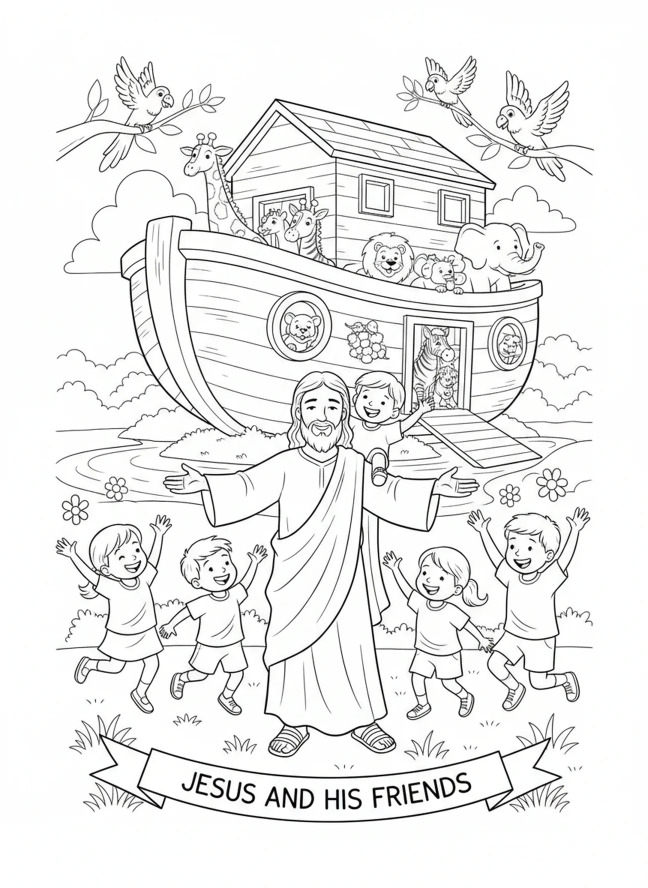 Children playing around a smiling Jesus, Jesus Loves Children Jesus Blessing Children coloring page for kids age 5-10.