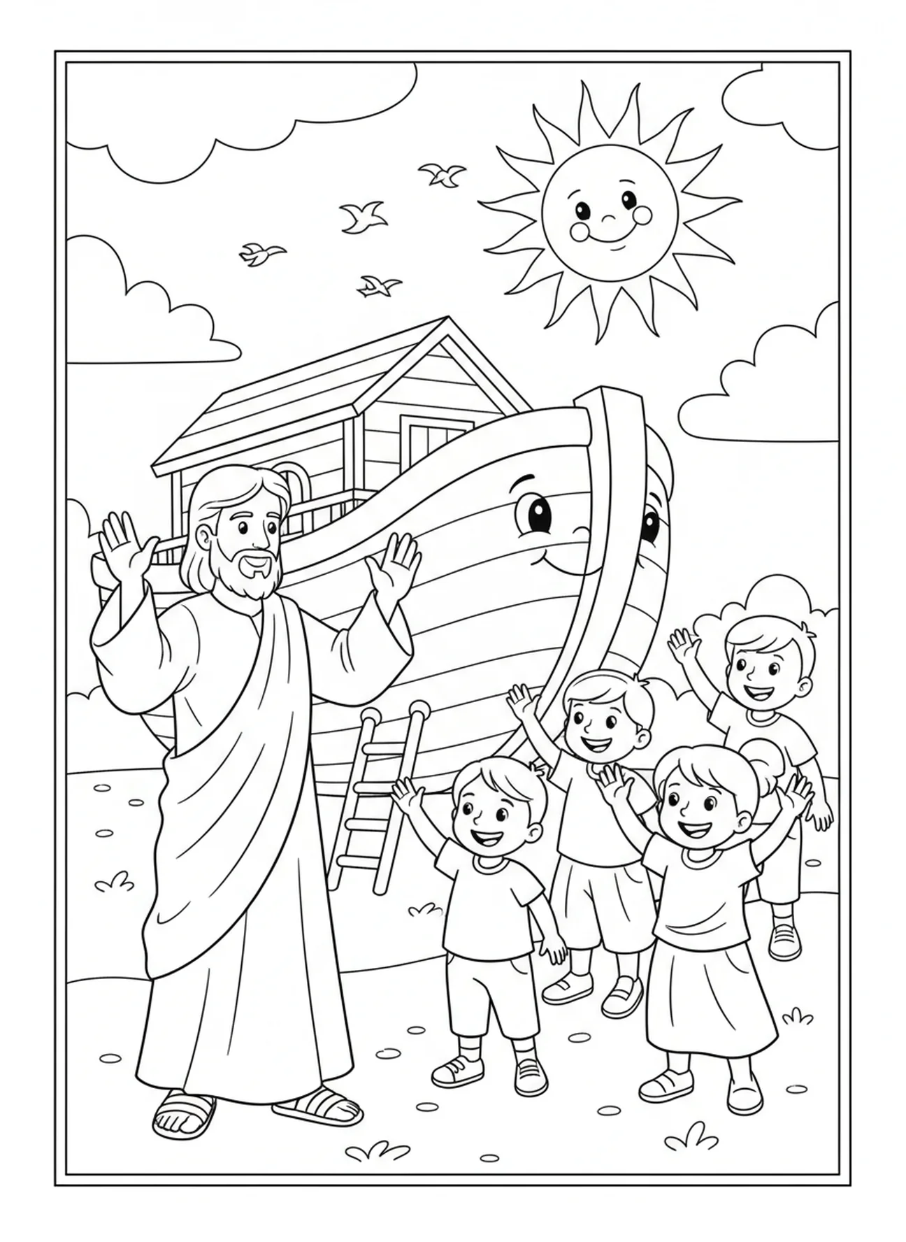 Jesus waving goodbye to children, Jesus Loves Children Jesus Blessing Children coloring page for kids age 5-10.