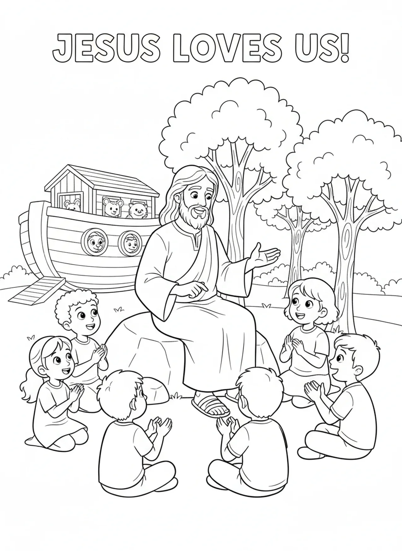 Jesus telling stories to children, Jesus Loves Children Jesus Blessing Children coloring page for kids age 5-10.