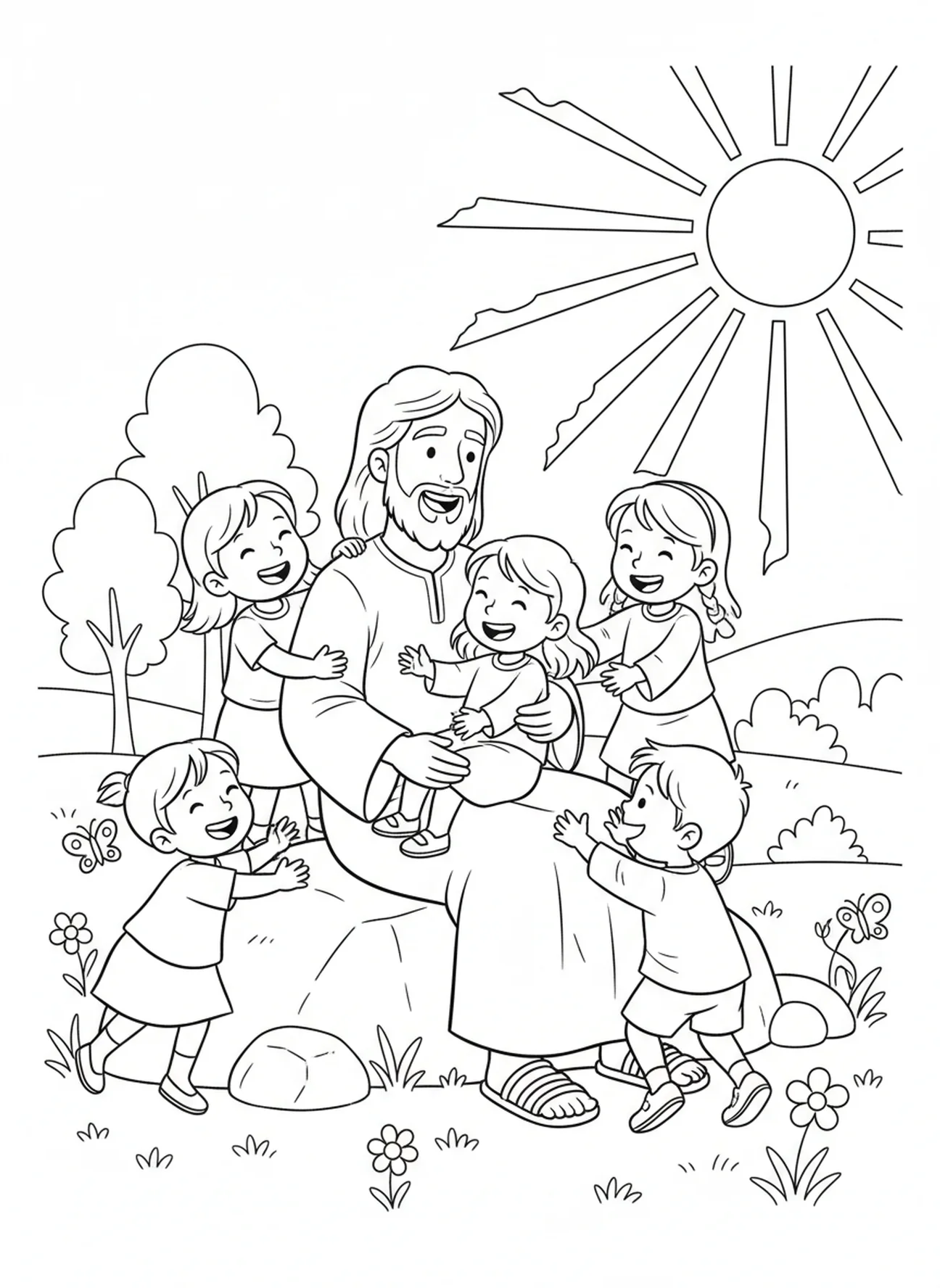 Children climbing into Jesus' lap, Jesus Loves Children Jesus With Children On Lap coloring page for kids age 5-10