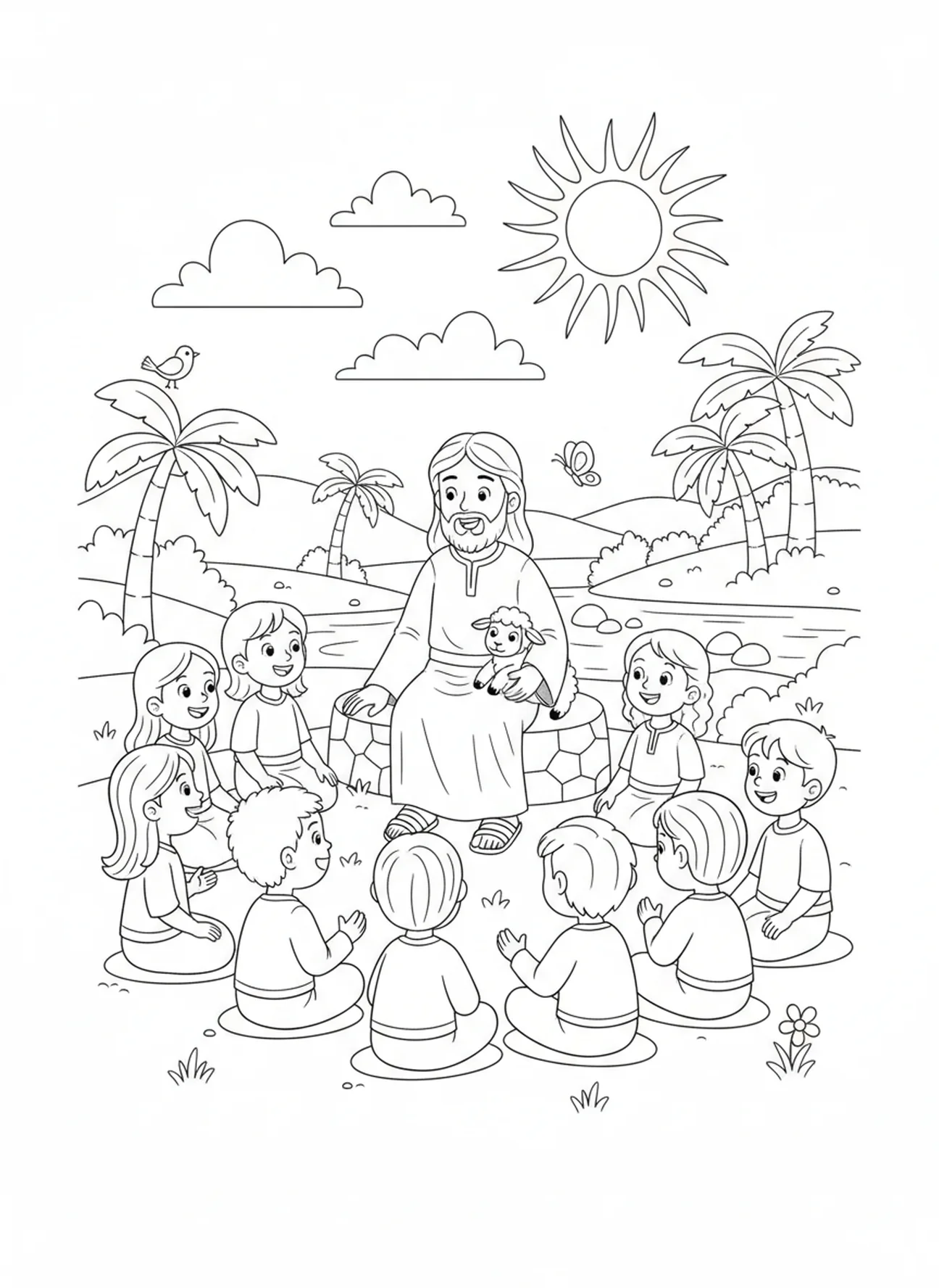 Children listening to Jesus' stories, Jesus Loves Children Jesus With Children On Lap coloring page for kids age 5-10