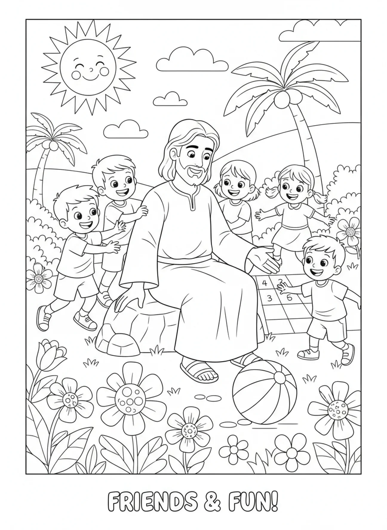 Children playing games around Jesus, Jesus Loves Children Jesus With Children On Lap coloring page for kids age 5-10