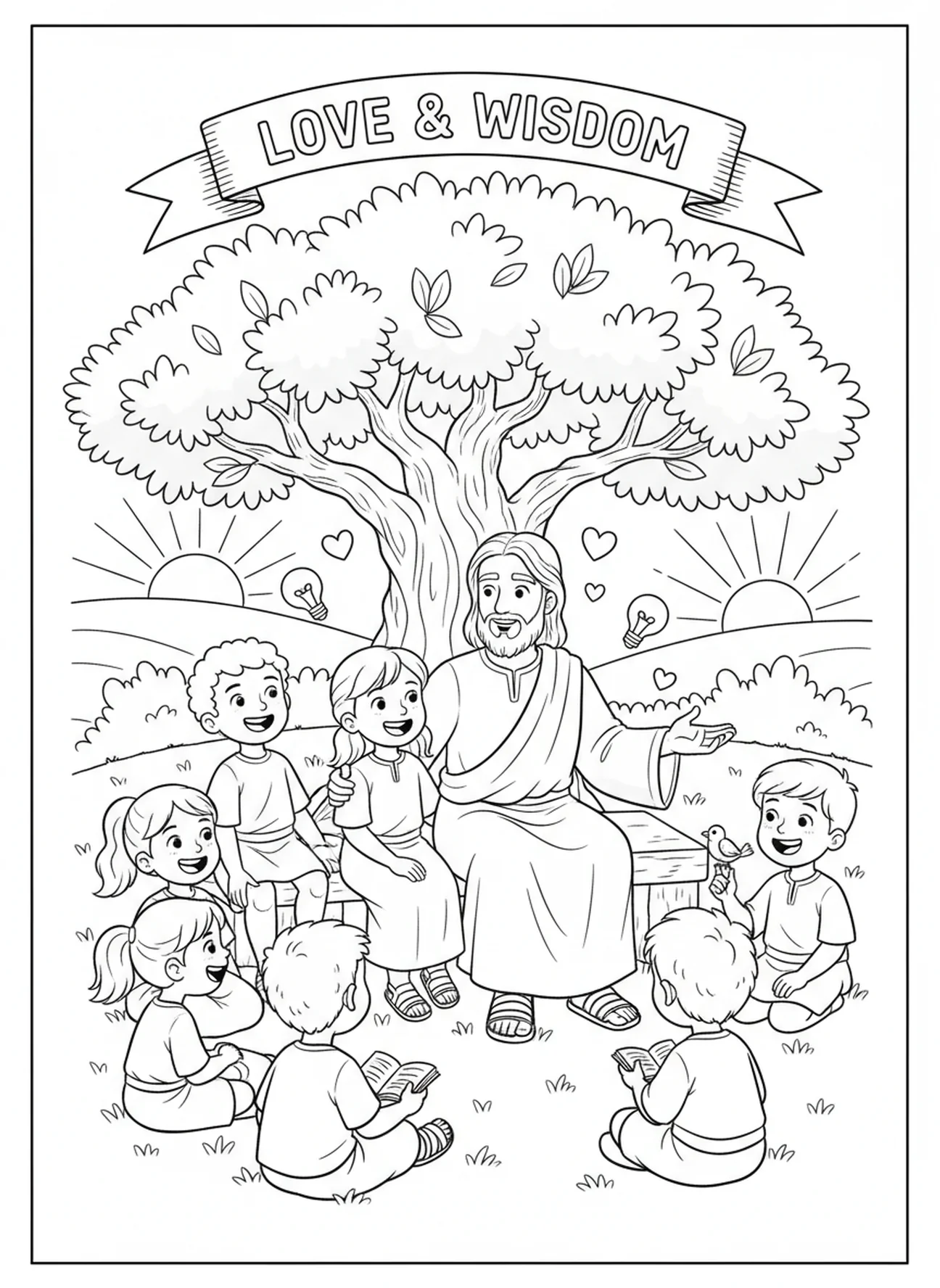 Jesus teaching children under a tree, Jesus Loves Children Jesus With Children On Lap coloring page for kids age 5-10