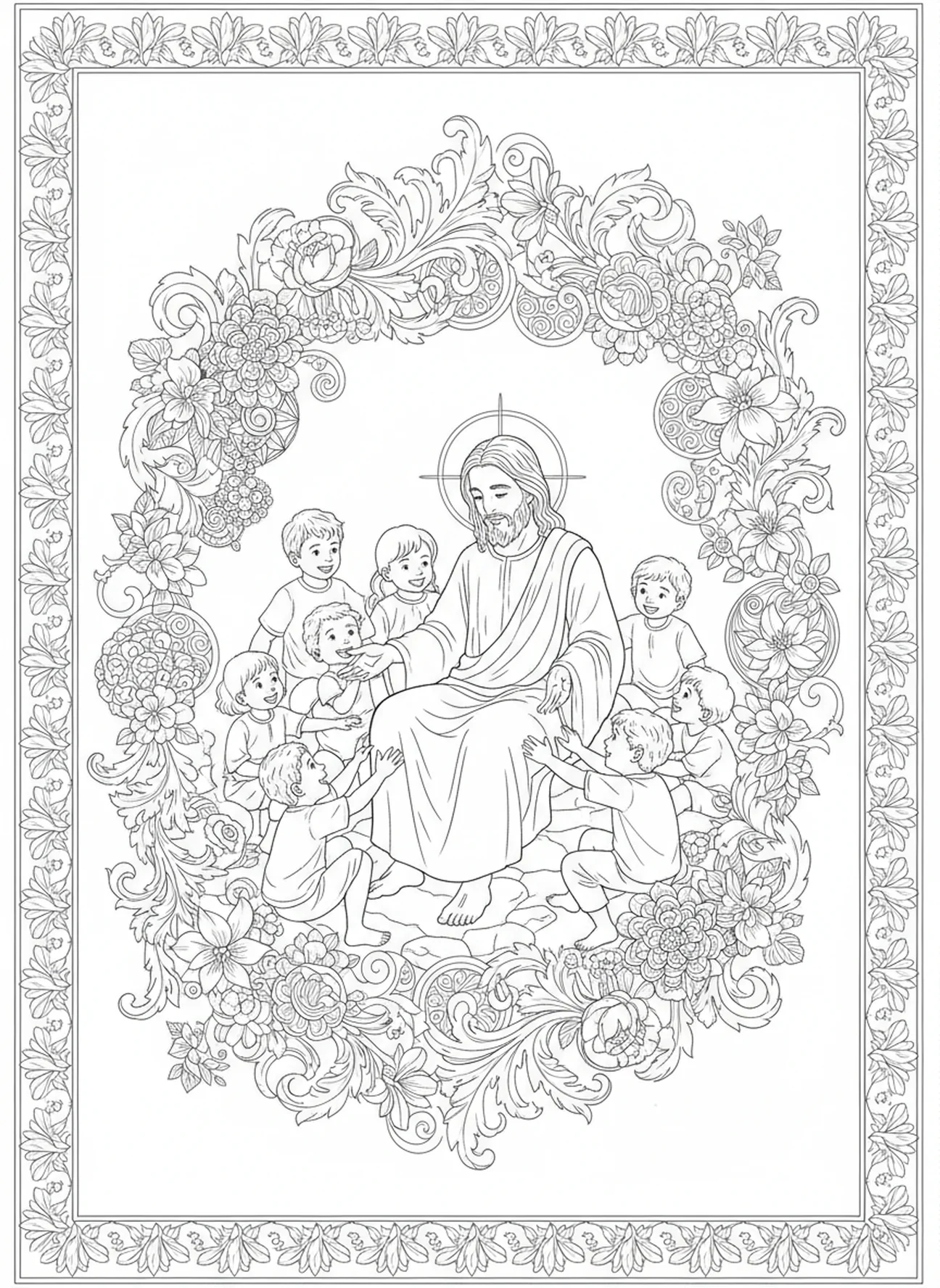 Kinder, die um Jesus spielen, Ausmalbild 'Jesus liebt die Kinder' im Stil des Bibel-Journalings für Erwachsene.