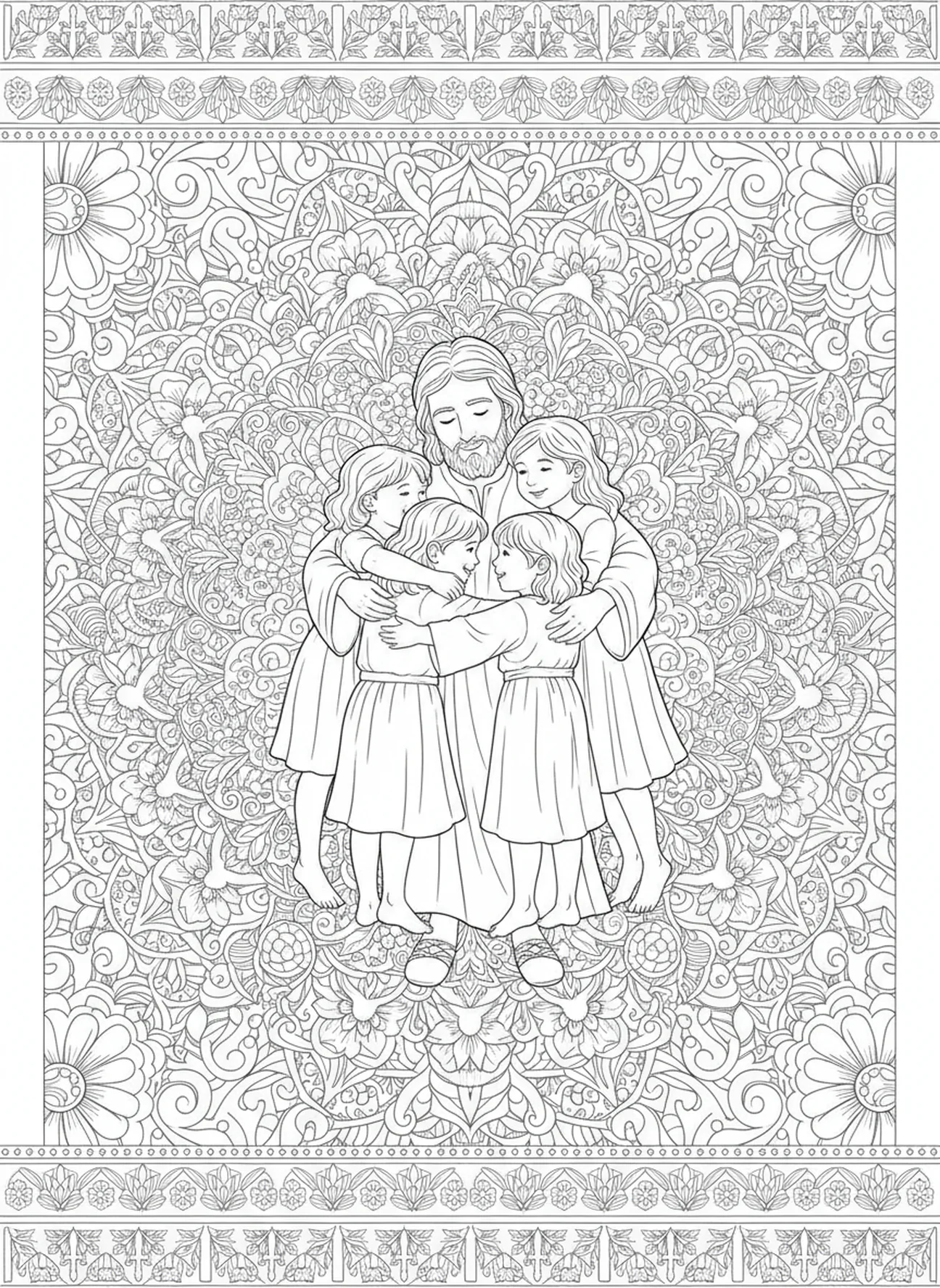 Kinder umarmen Jesus, Ausmalbild 'Jesus liebt die Kinder' im Stil des Bibel-Journaling für Erwachsene.