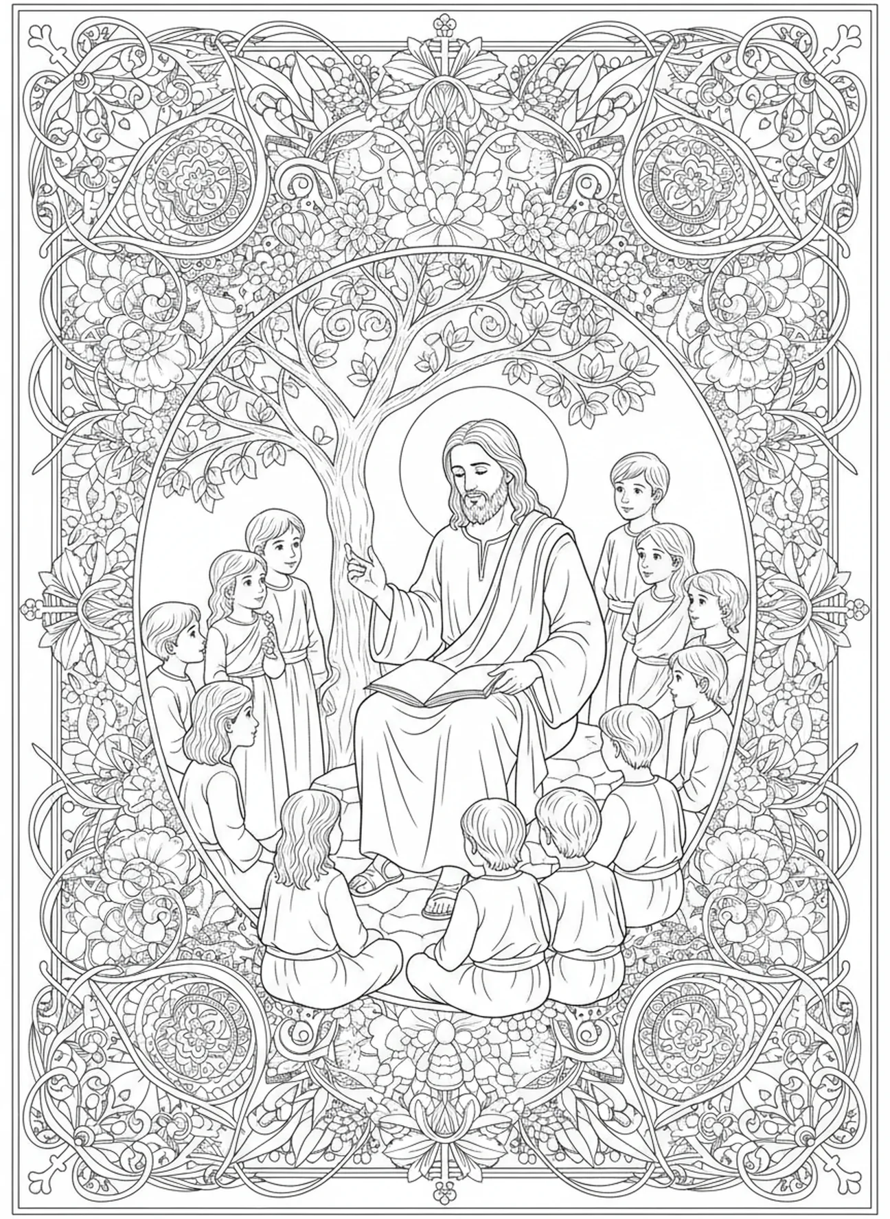 Kinder hören Jesus zu, Ausmalbild 'Jesus liebt die Kinder' im Stil des Bibel-Journalings für Erwachsene.
