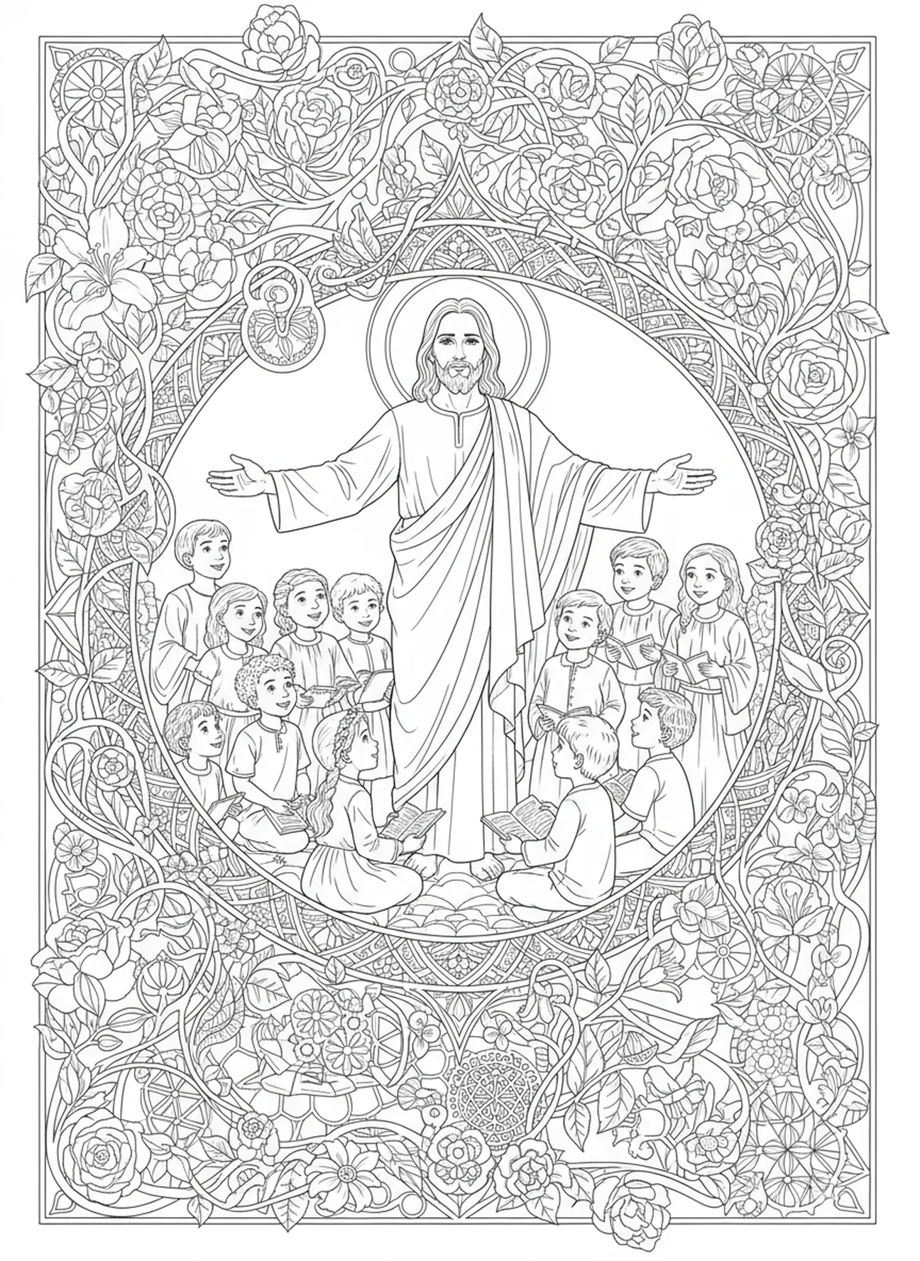 Jesus lehrt Kinder, Ausmalbild 'Jesus liebt die Kinder' im Stil des Bibel-Journalings für Erwachsene.