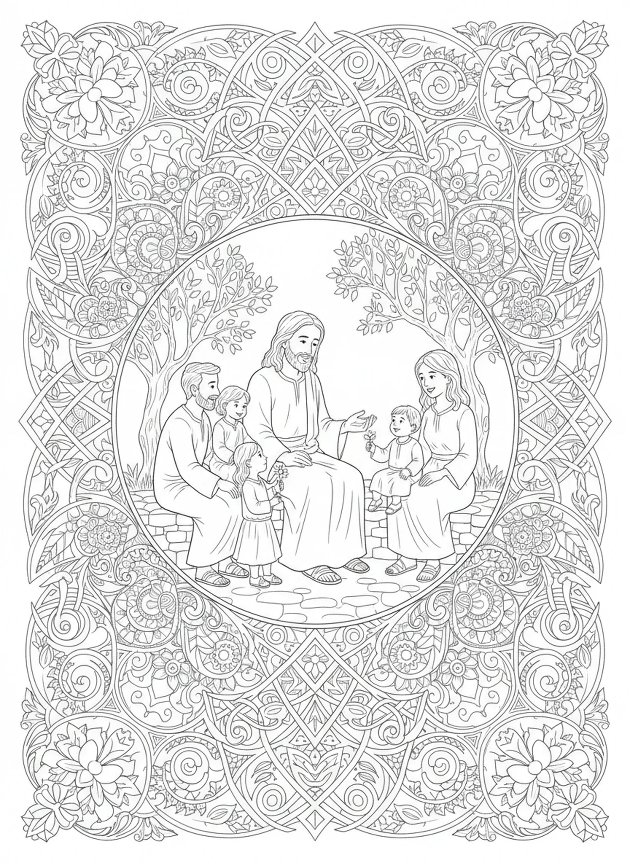 Jesus mit Eltern und Kindern, Ausmalbild 'Jesus liebt die Kinder' im Stil des Bibel-Journalings für Erwachsene.