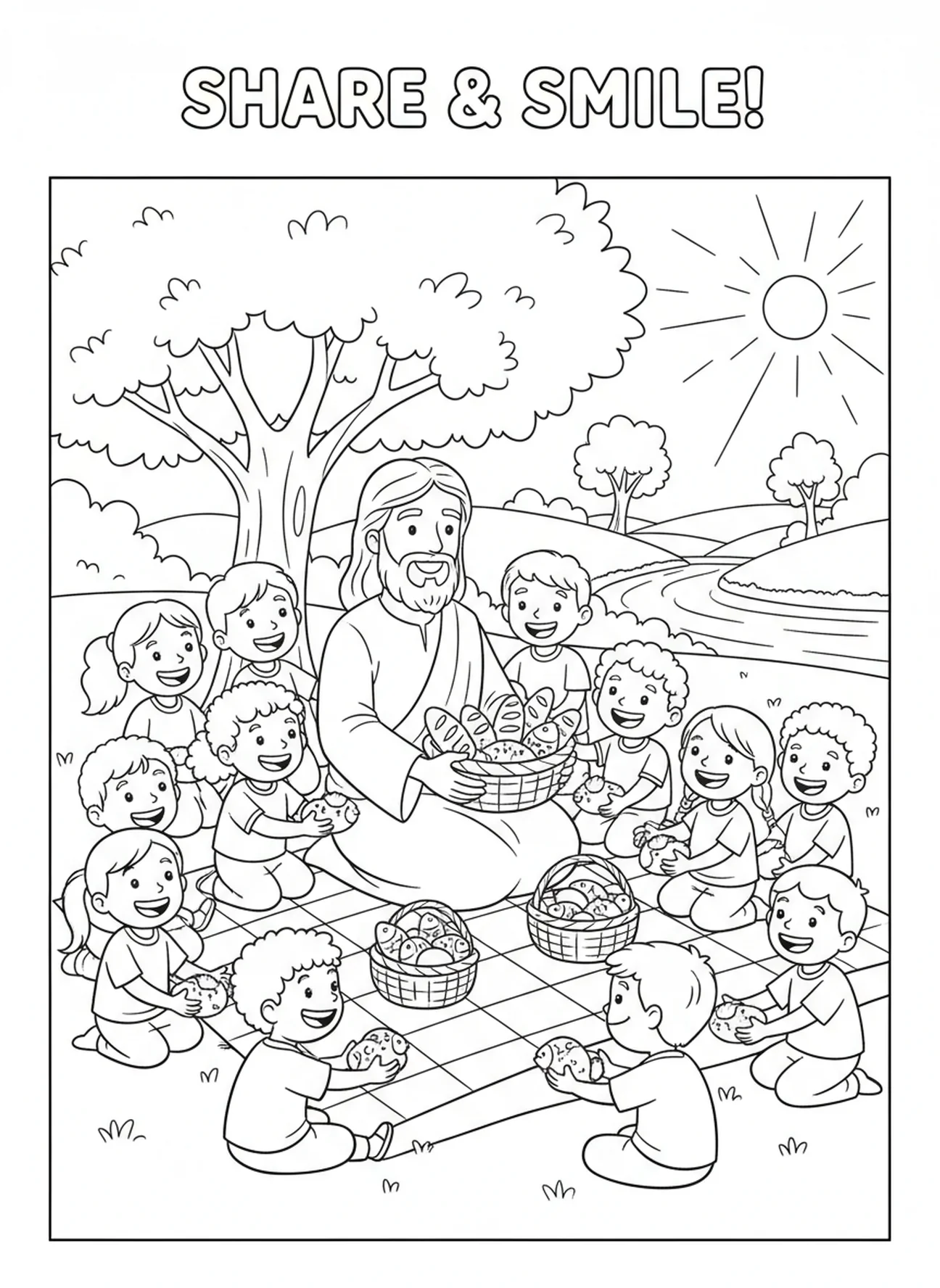 Jesus sharing food with children, Jesus Loves Children coloring page for kids age 5-10.