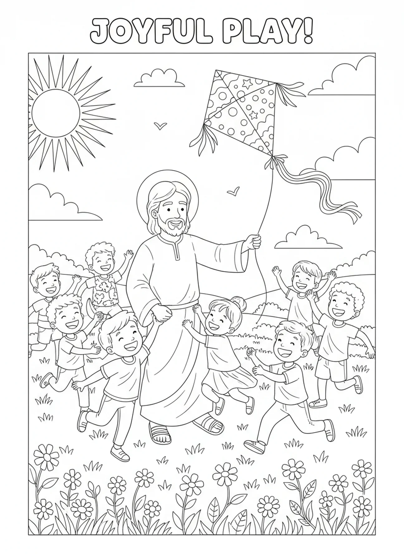 Jesus playing with children, Jesus Loves Children coloring page for kids age 5-10.