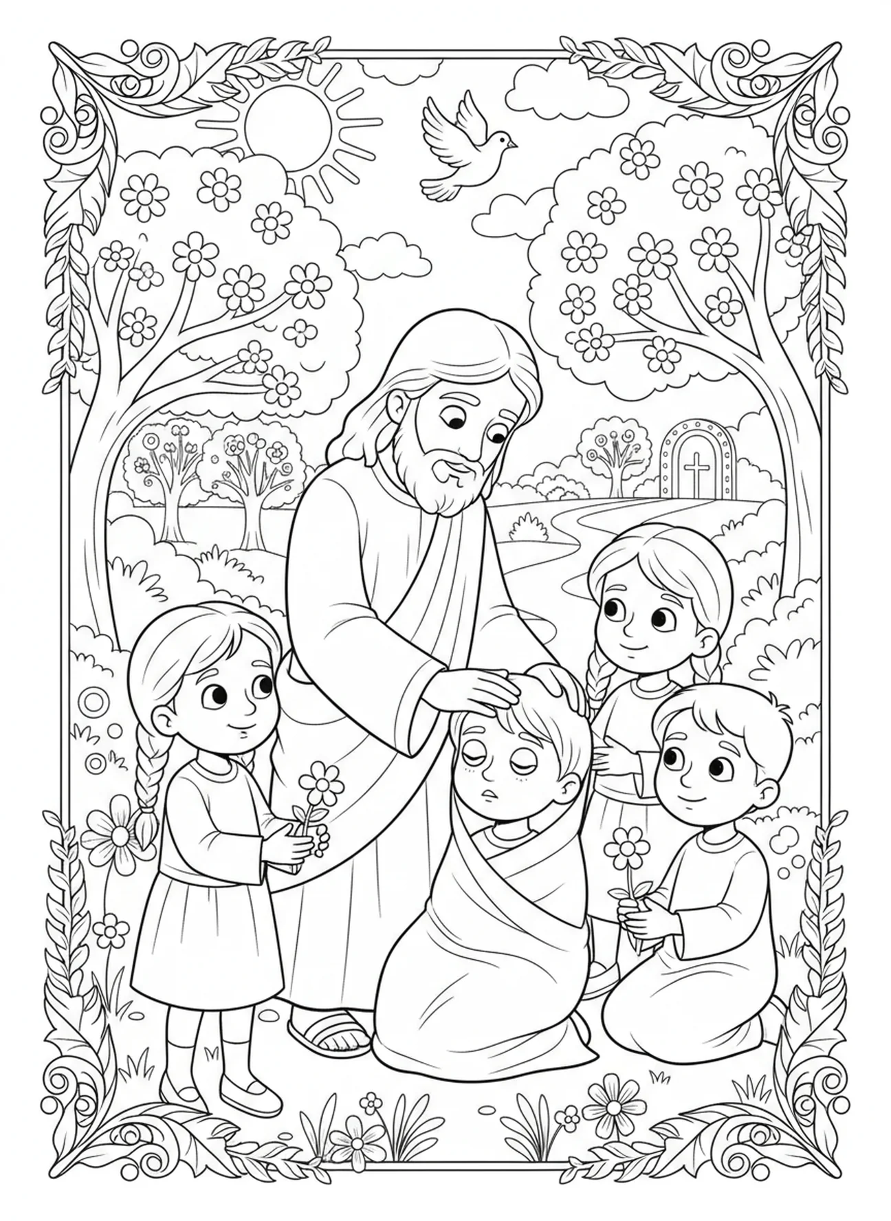 Jesus healing a child, Jesus Loves Children coloring page for kids age 5-10.