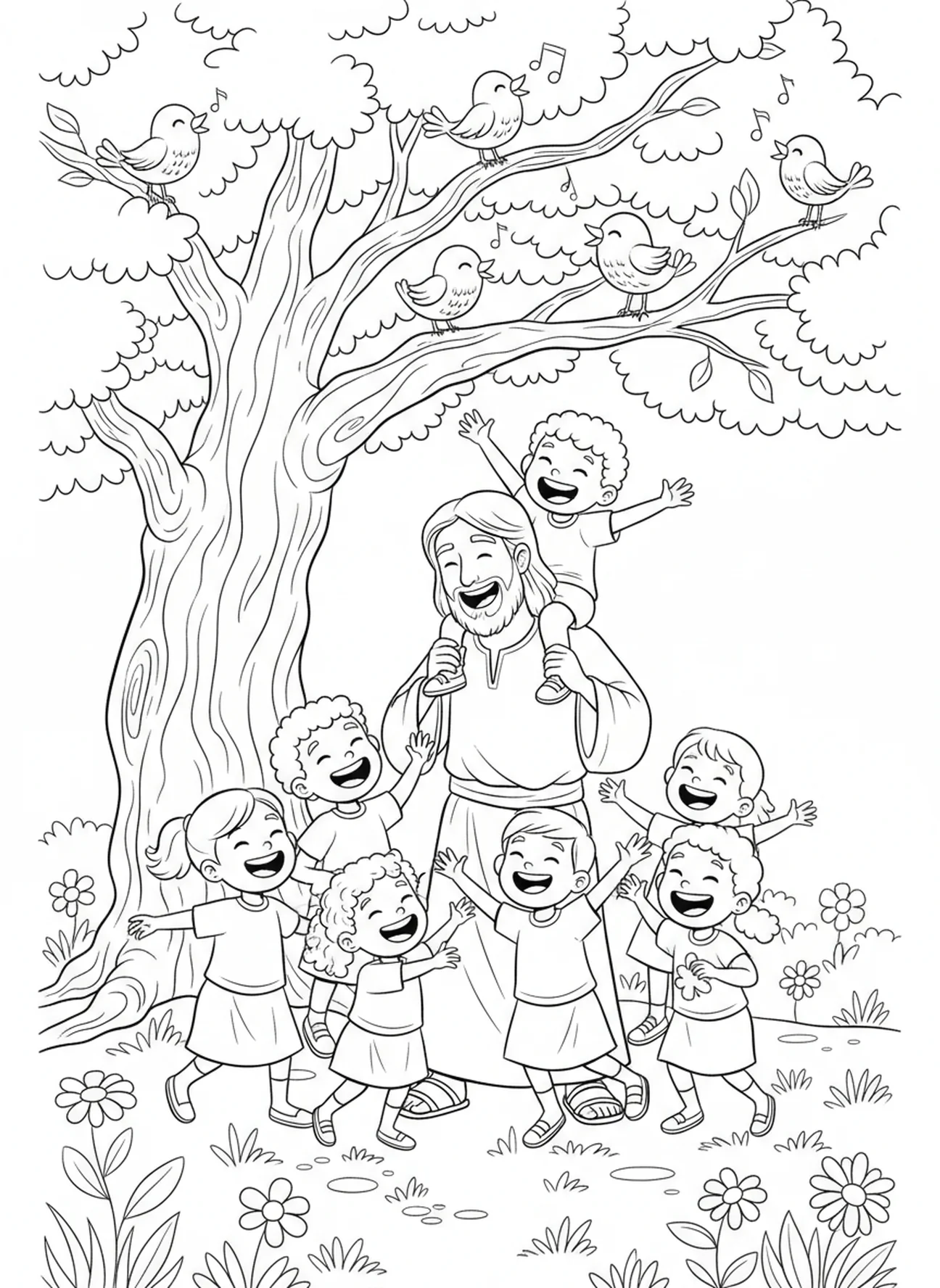Jesus laughing with children, Jesus Loves Children coloring page for kids age 5-10.