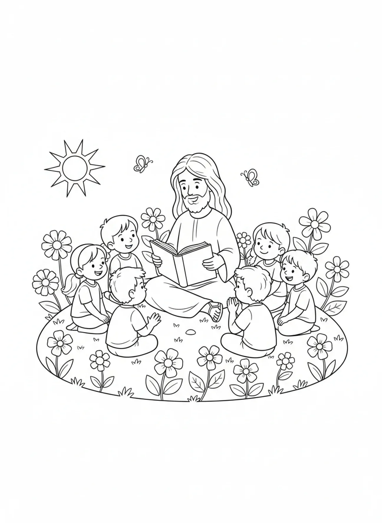 Jesus reading a book, Jesus Loves Children coloring page for kids age 5-10.