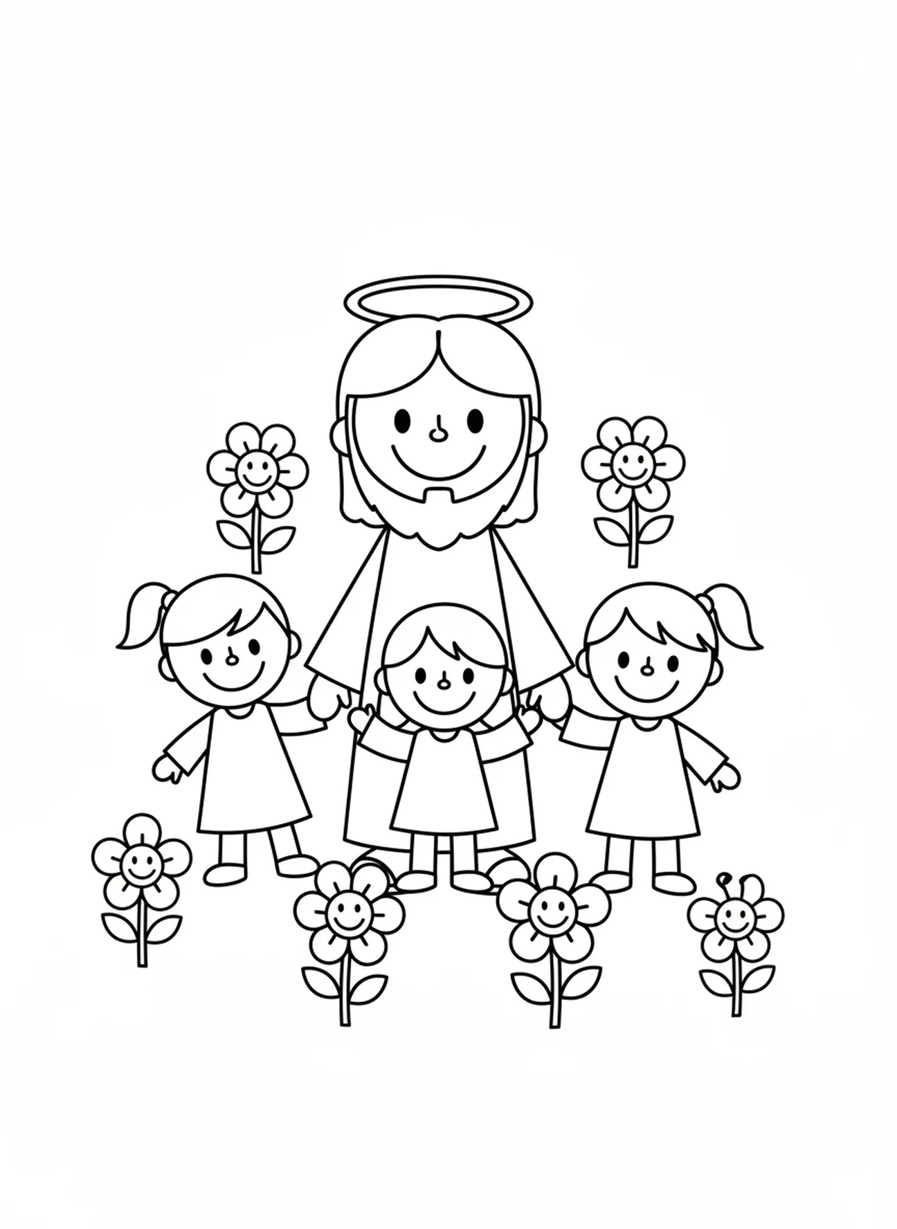 Niños reunidos alrededor de Jesús, página para colorear Jesús ama a los niños para preescolares de 3 a 5 años