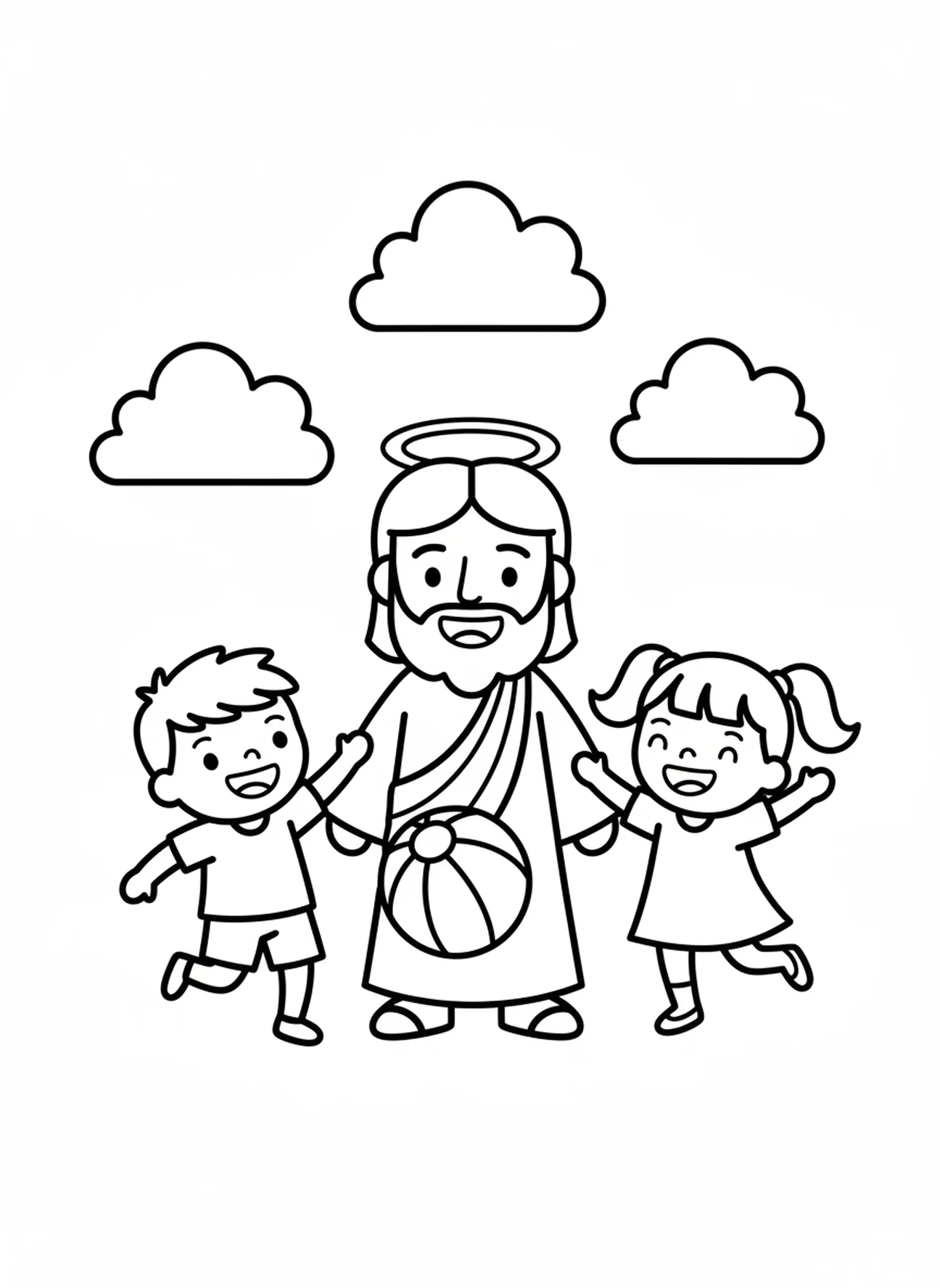 Niños jugando con Jesús, página para colorear Jesús ama a los niños para preescolares de 3 a 5 años