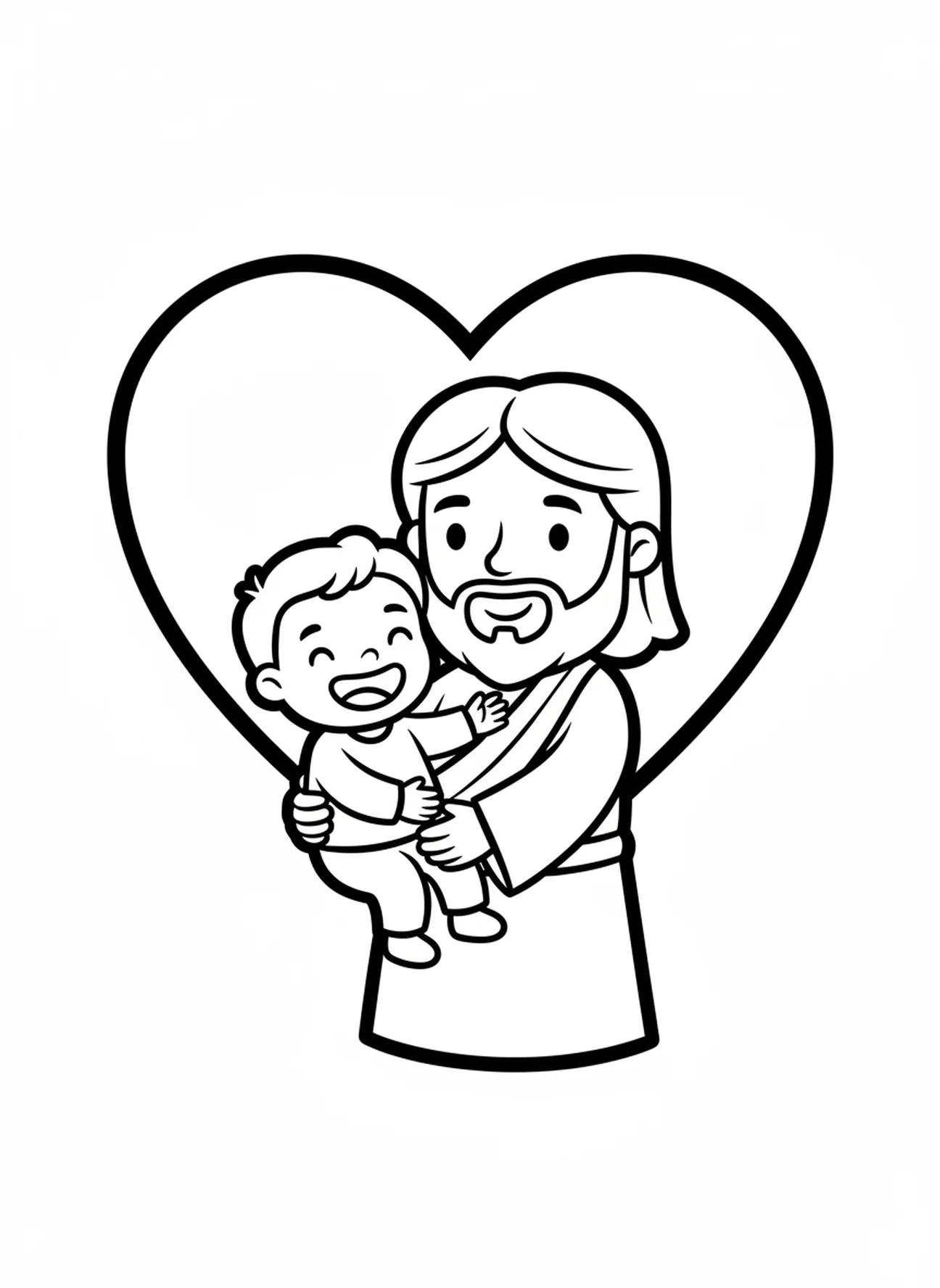 Jesús sosteniendo a un niño sonriente, página para colorear Jesús ama a los niños para preescolares de 3 a 5 años