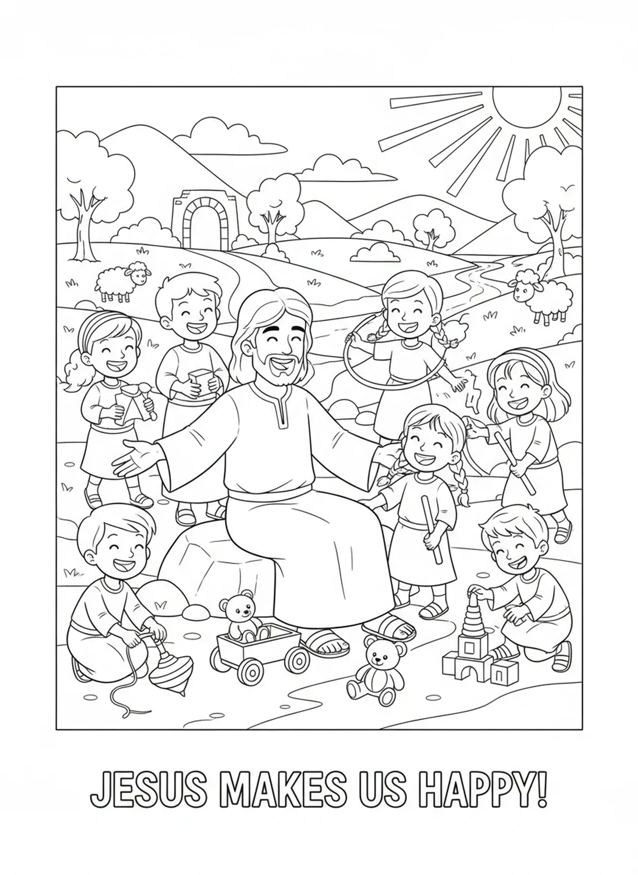 Children playing with Jesus, Jesus Loves Children coloring page for Sunday school children age 5-12