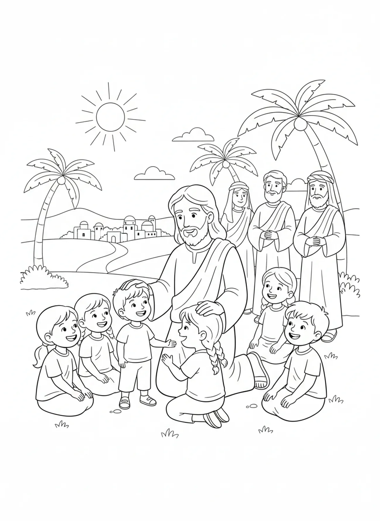 Jesus blessing children, Jesus Loves Children coloring page for Sunday school children age 5-12