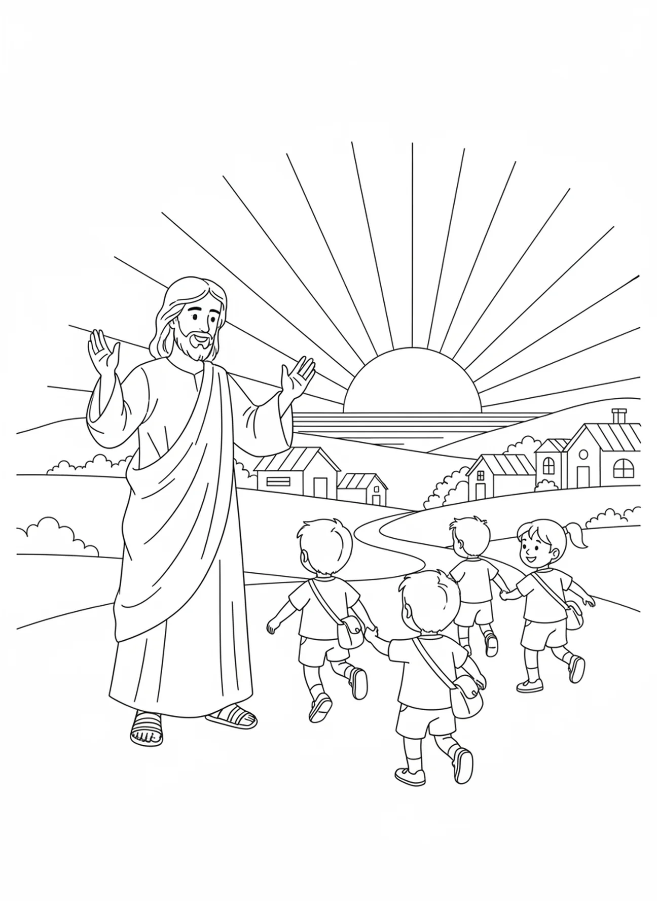 Jesus waving goodbye, Jesus Loves Children coloring page for Sunday school children age 5-12