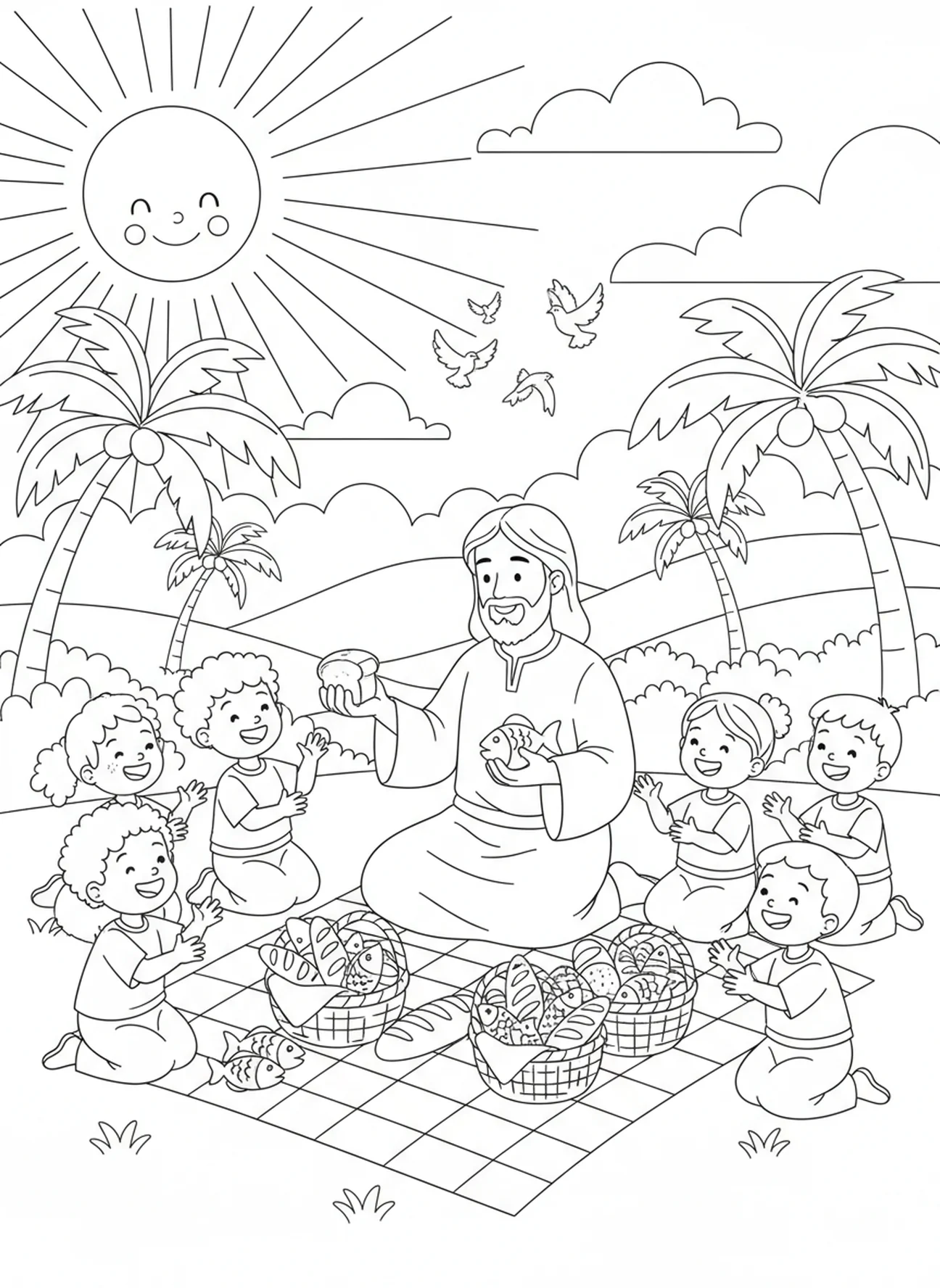 Jesus sharing food, Jesus Loves Children coloring page for Sunday school children age 5-12