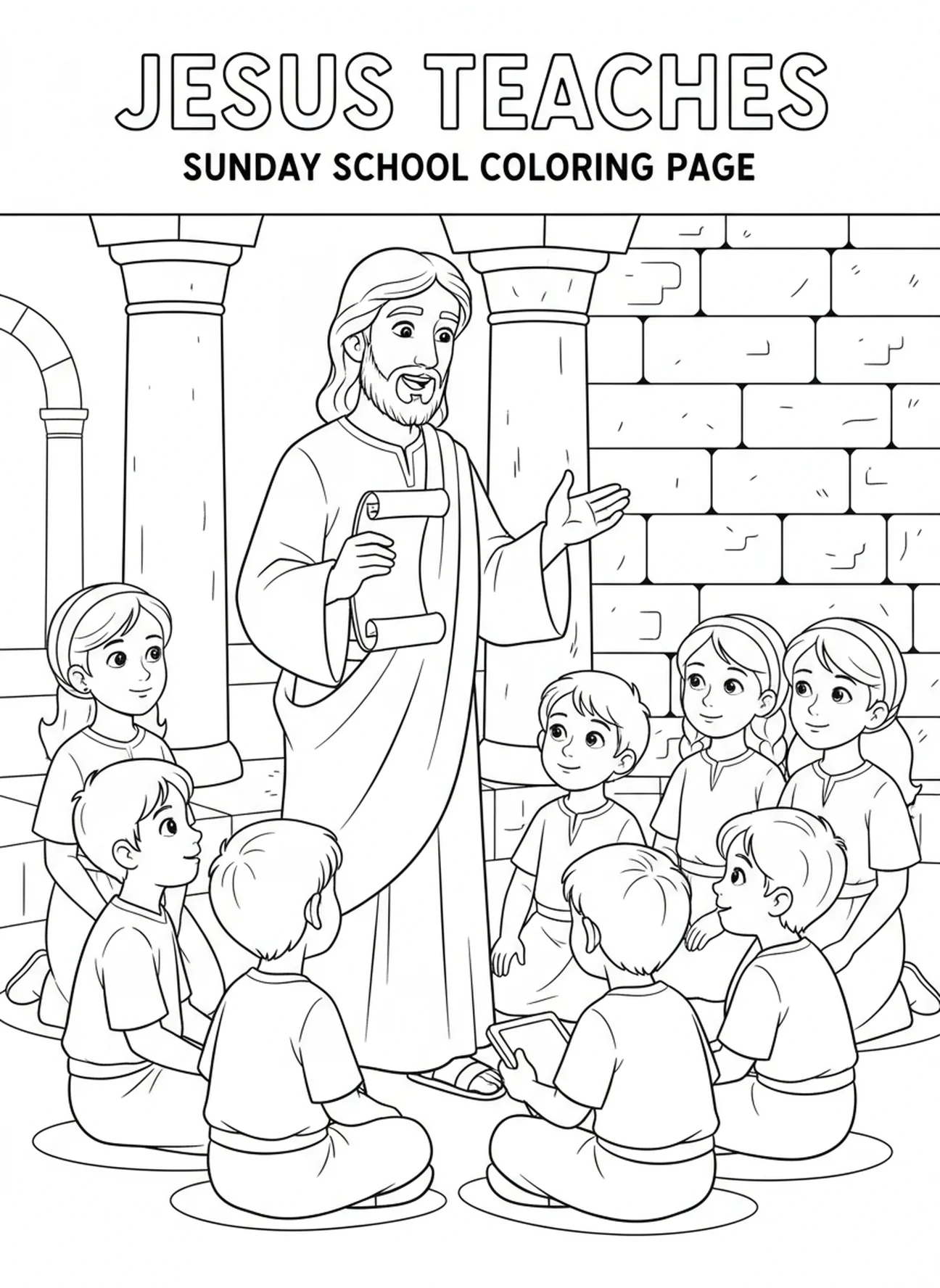 Jesus teaching with scroll, Jesus Loves Children coloring page for Sunday school children age 5-12