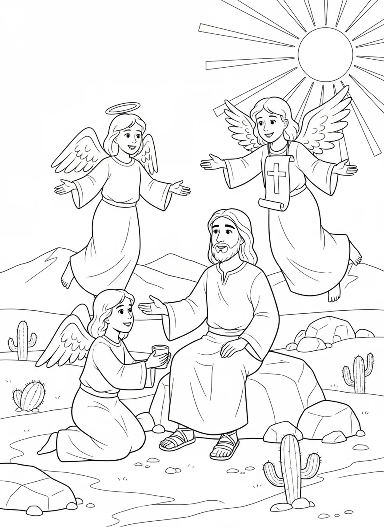 Engel trösten Jesus, Ausmalbild zur Versuchung Jesu für Kinder im Alter von 5-10 Jahren.