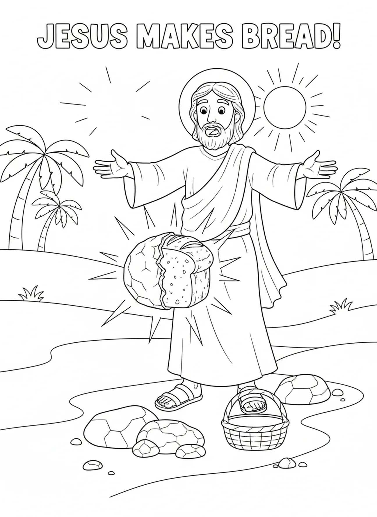Jesus verwandelt Stein in Brot, Ausmalbild zur Versuchung Jesu für Kinder im Alter von 5-10 Jahren.