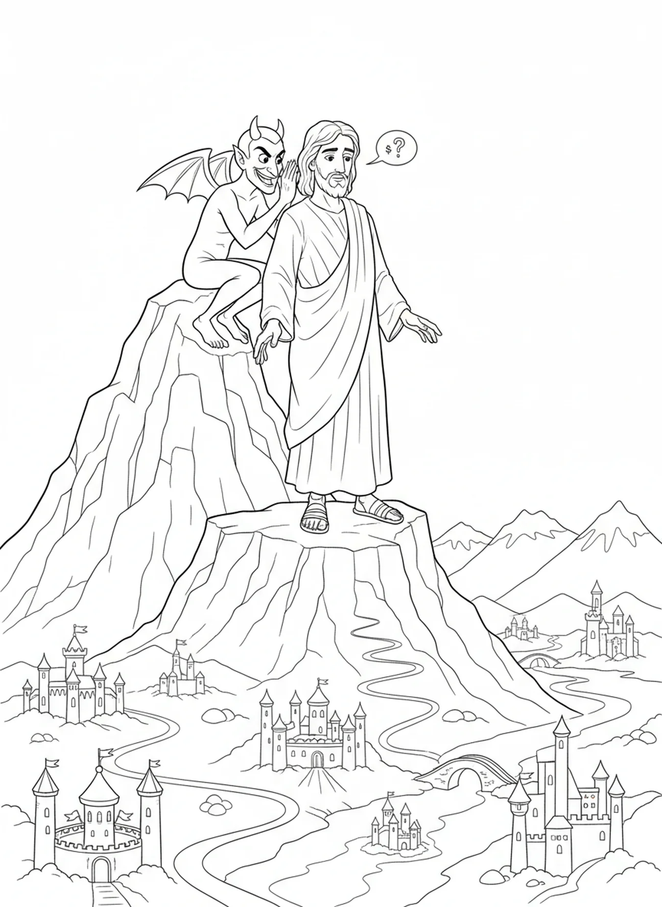 Jesus auf einem Berg mit dem Teufel, Ausmalbild zur Versuchung Jesu für Kinder im Alter von 5-10 Jahren.
