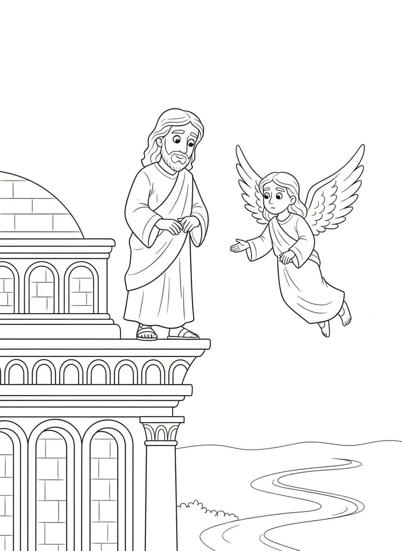 Jesus am Rand des Tempels, Ausmalbild zur Versuchung Jesu für Kinder im Alter von 5-10 Jahren.