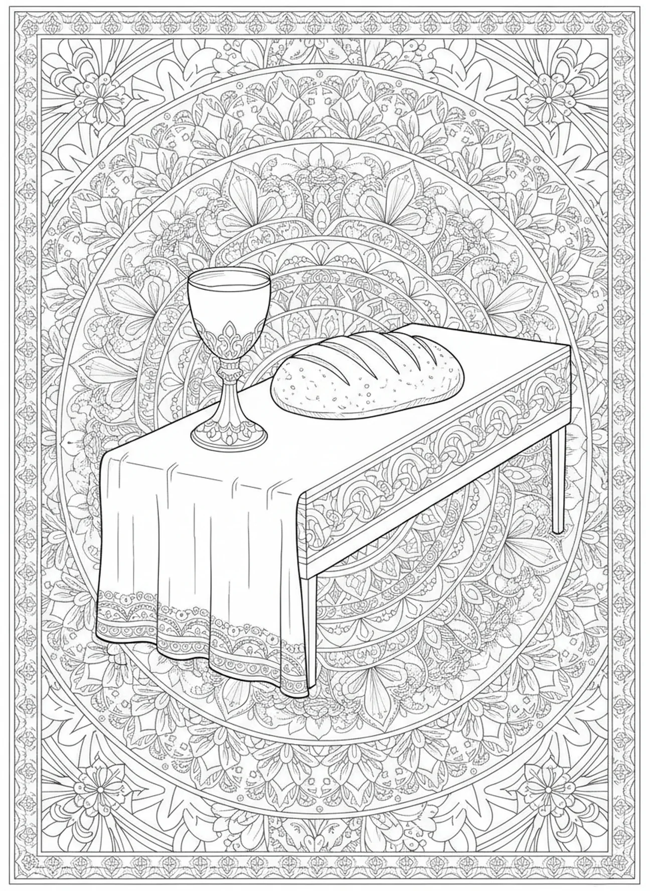 Brot und Kelch auf dem Tisch, Ausmalbild vom letzten Abendmahl für Erwachsene im Bibel-Journaling-Stil