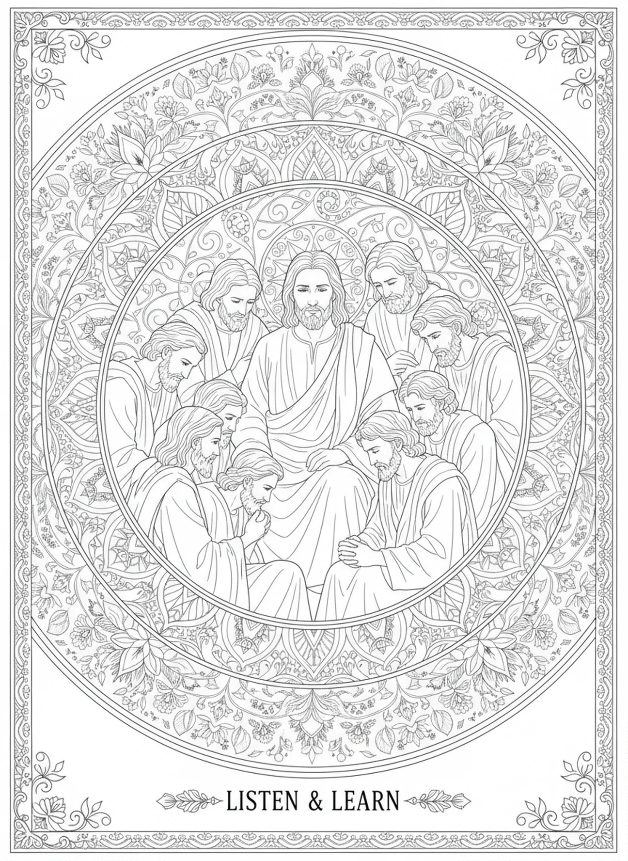 Jünger hören Jesus zu, Ausmalbild vom letzten Abendmahl für Erwachsene im Bibel-Journaling-Stil