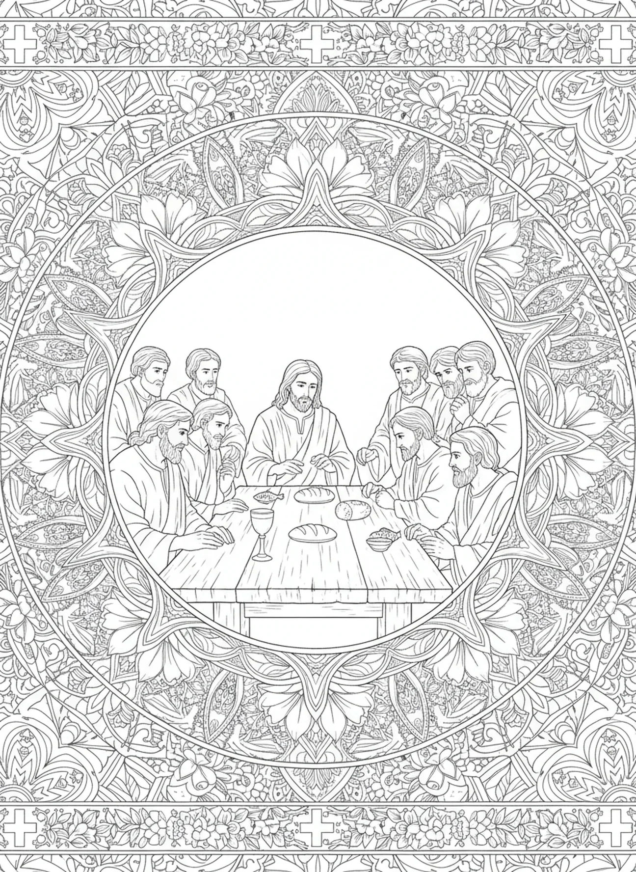 Jesus bricht das Brot, Ausmalbild vom letzten Abendmahl für Erwachsene im Bibel-Journaling-Stil