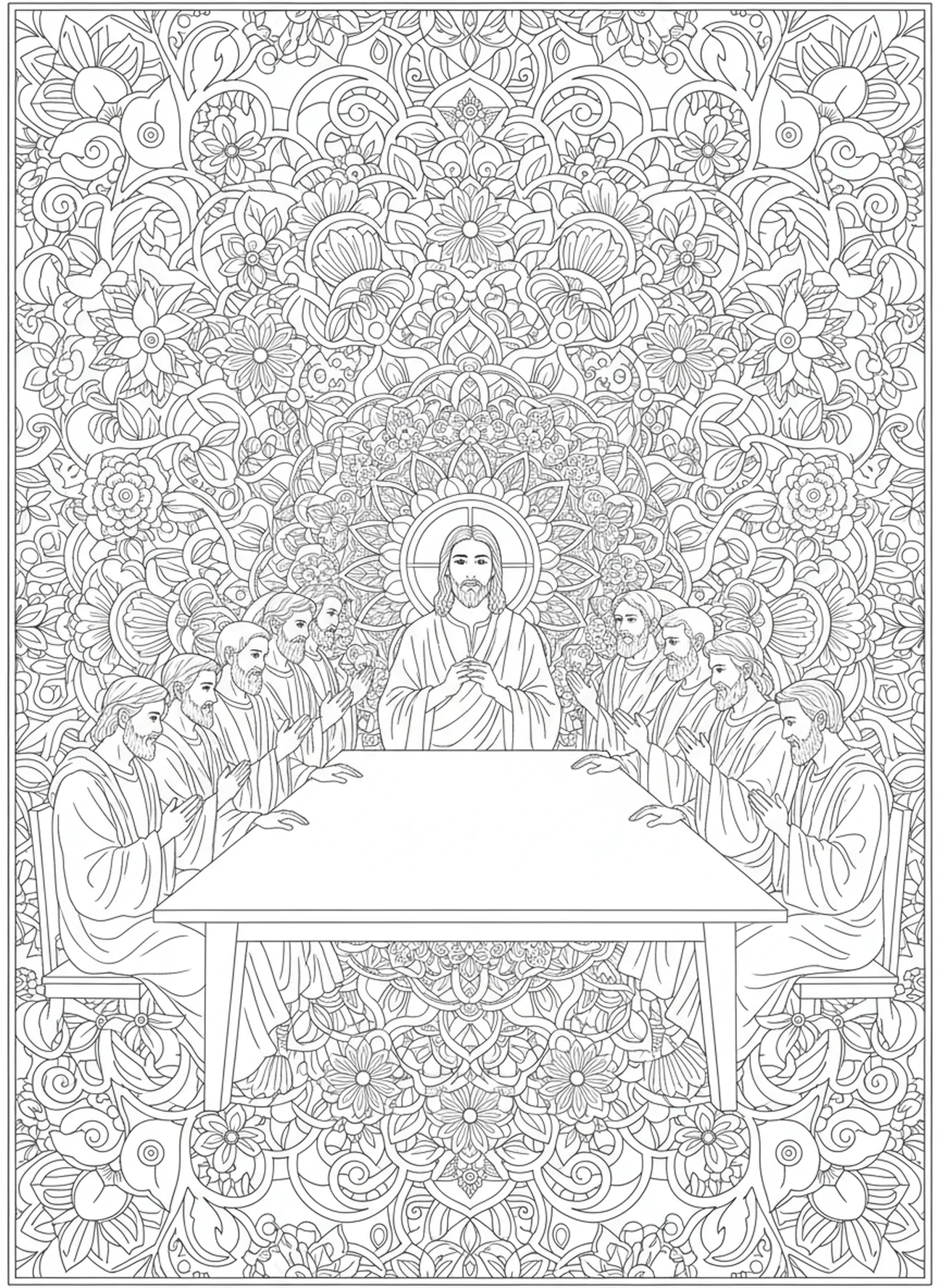 Jesus im Gebet mit seinen Jüngern, Ausmalbild vom letzten Abendmahl für Erwachsene im Bibel-Journaling-Stil