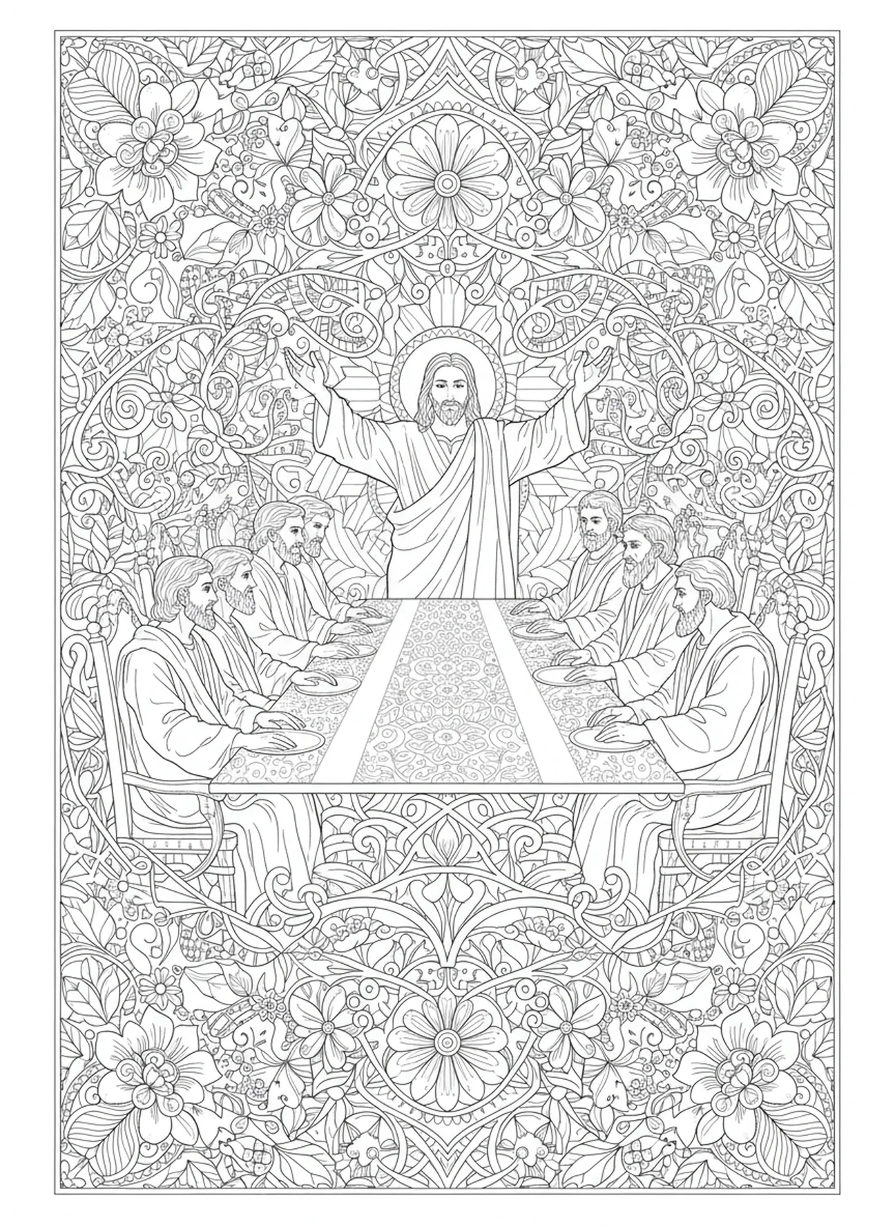 Jesus gibt den letzten Segen, Ausmalbild vom letzten Abendmahl im Stil des Bibel-Journalings für Erwachsene