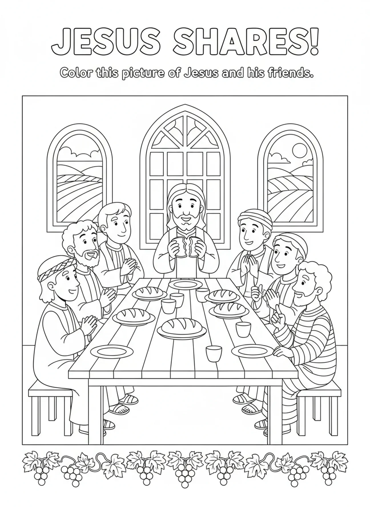 Jesus breaking bread, Last Supper coloring page for kids age 5-10