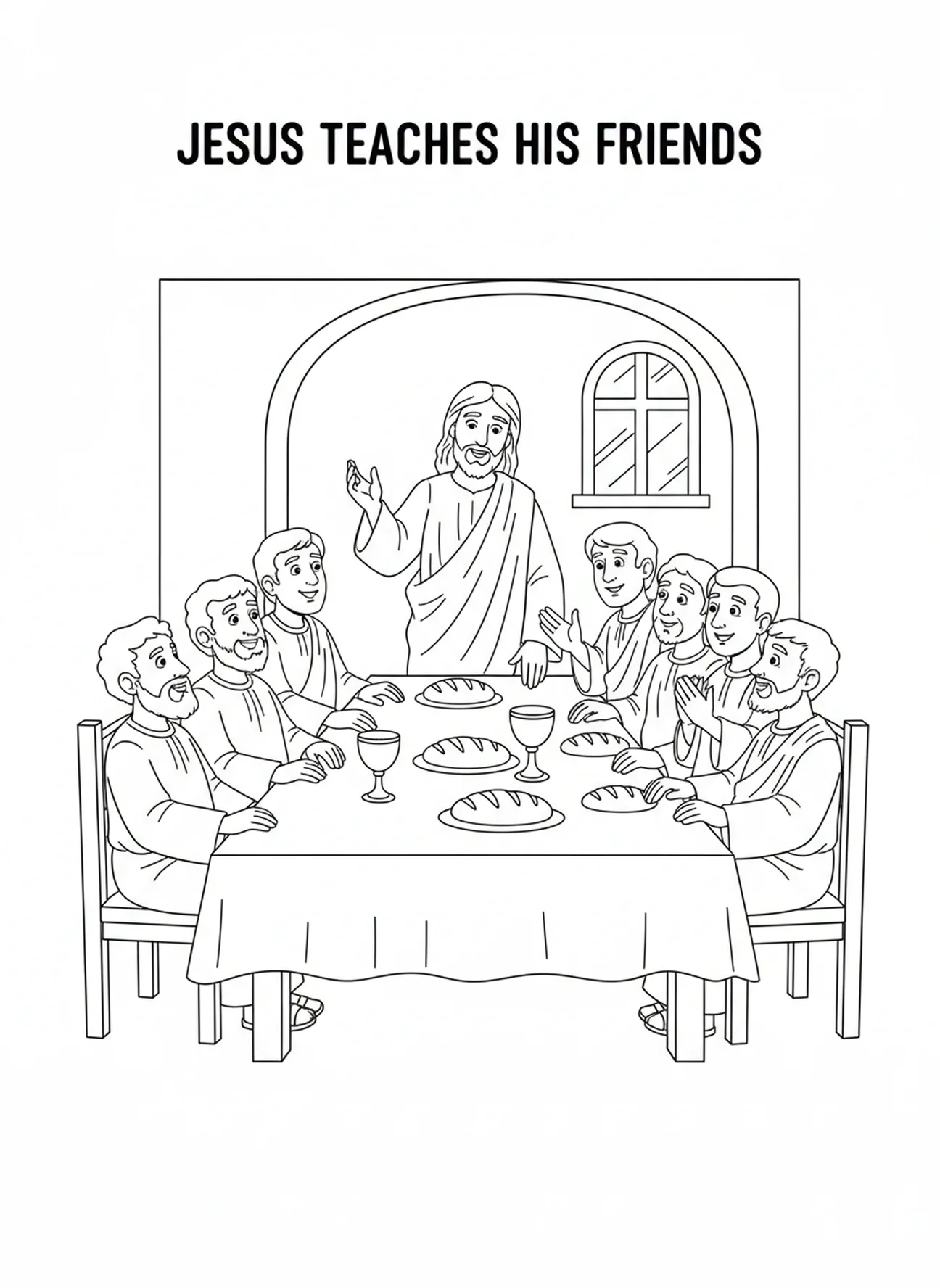 Jesus standing to speak, Last Supper coloring page for kids age 5-10