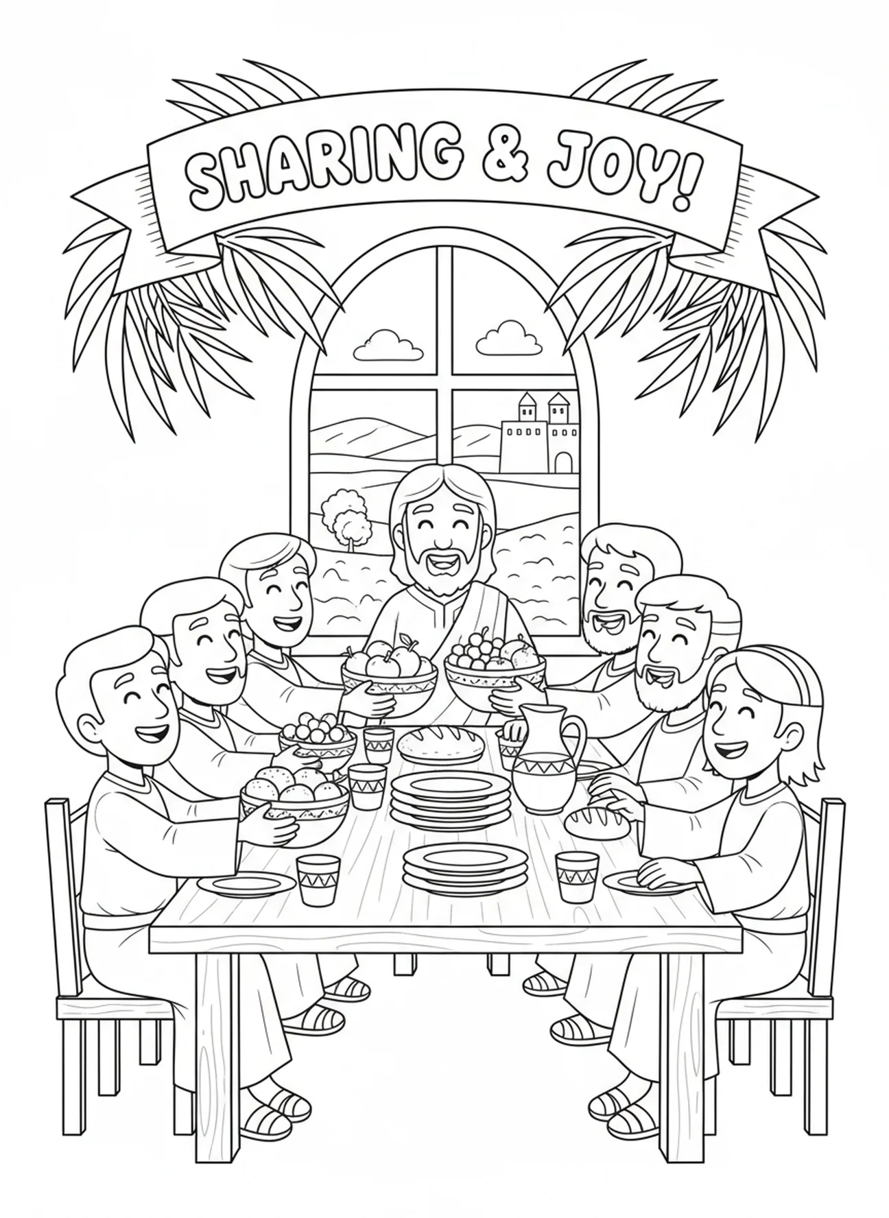 Disciples sharing food, Last Supper coloring page for kids age 5-10