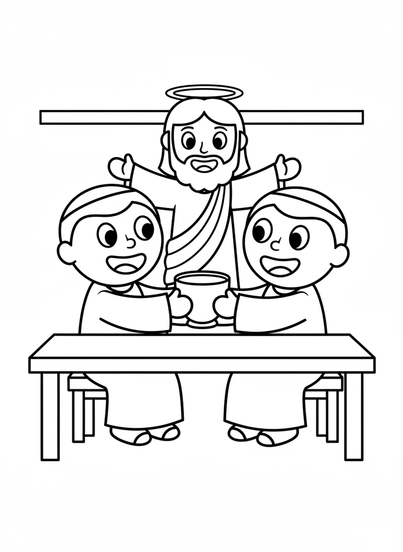 Disciples sharing a cup, Last Supper coloring page for preschoolers age 3-5