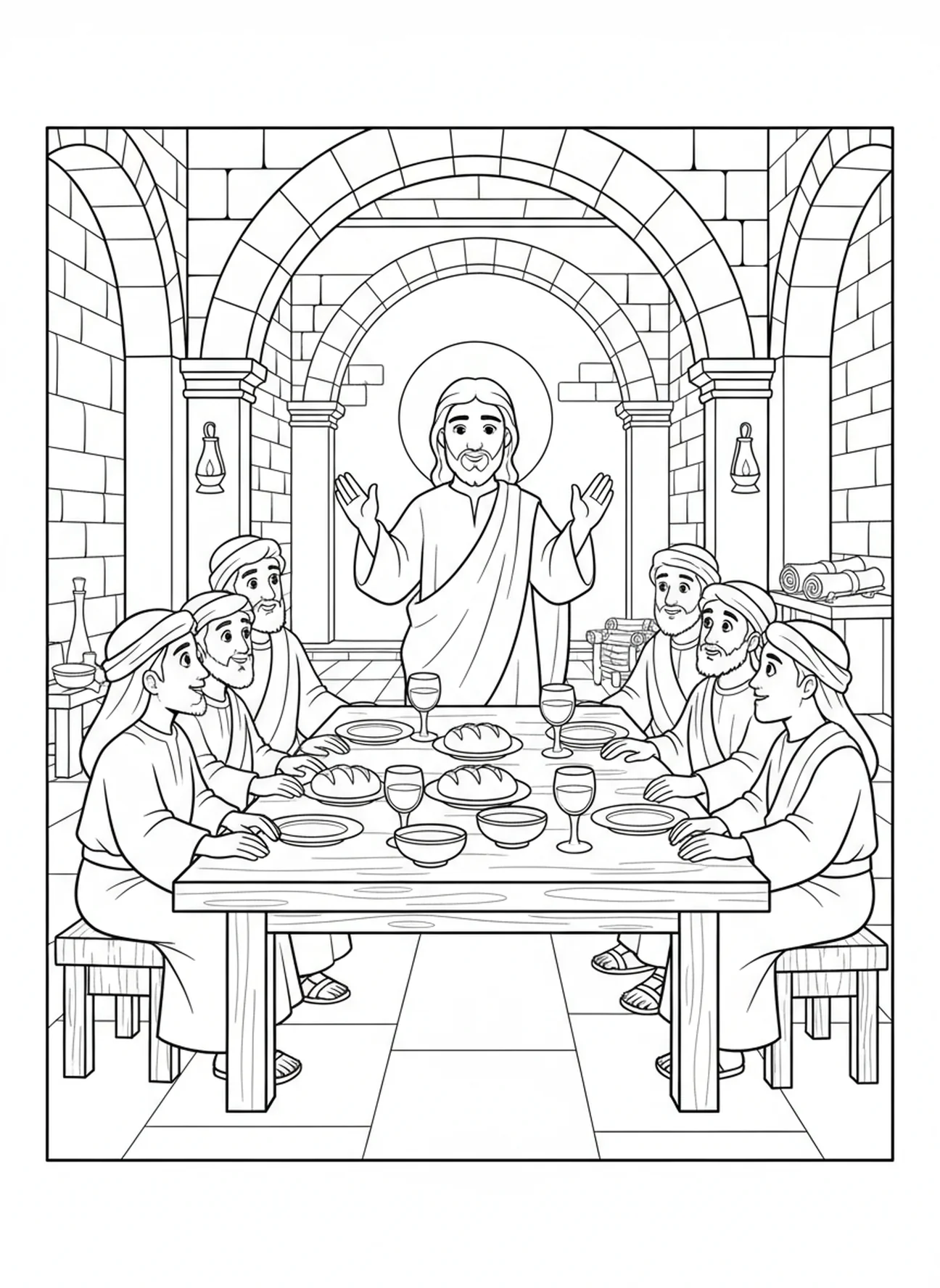 Jesus segnet die Jünger, Ausmalbild vom letzten Abendmahl für Sonntagsschulkinder im Alter von 5-12 Jahren.