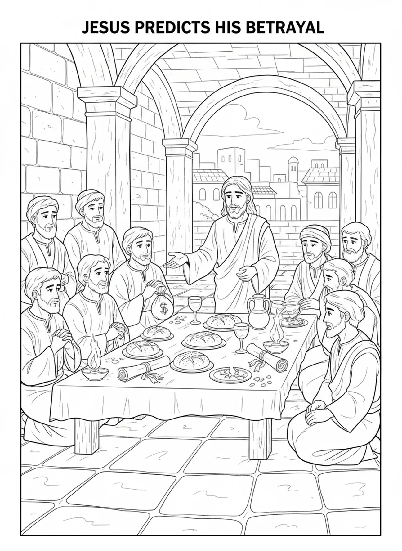 Jesus kündigt den Verrat an, Ausmalbild vom letzten Abendmahl für Kinder in der Sonntagsschule im Alter von 5-12 Jahren.