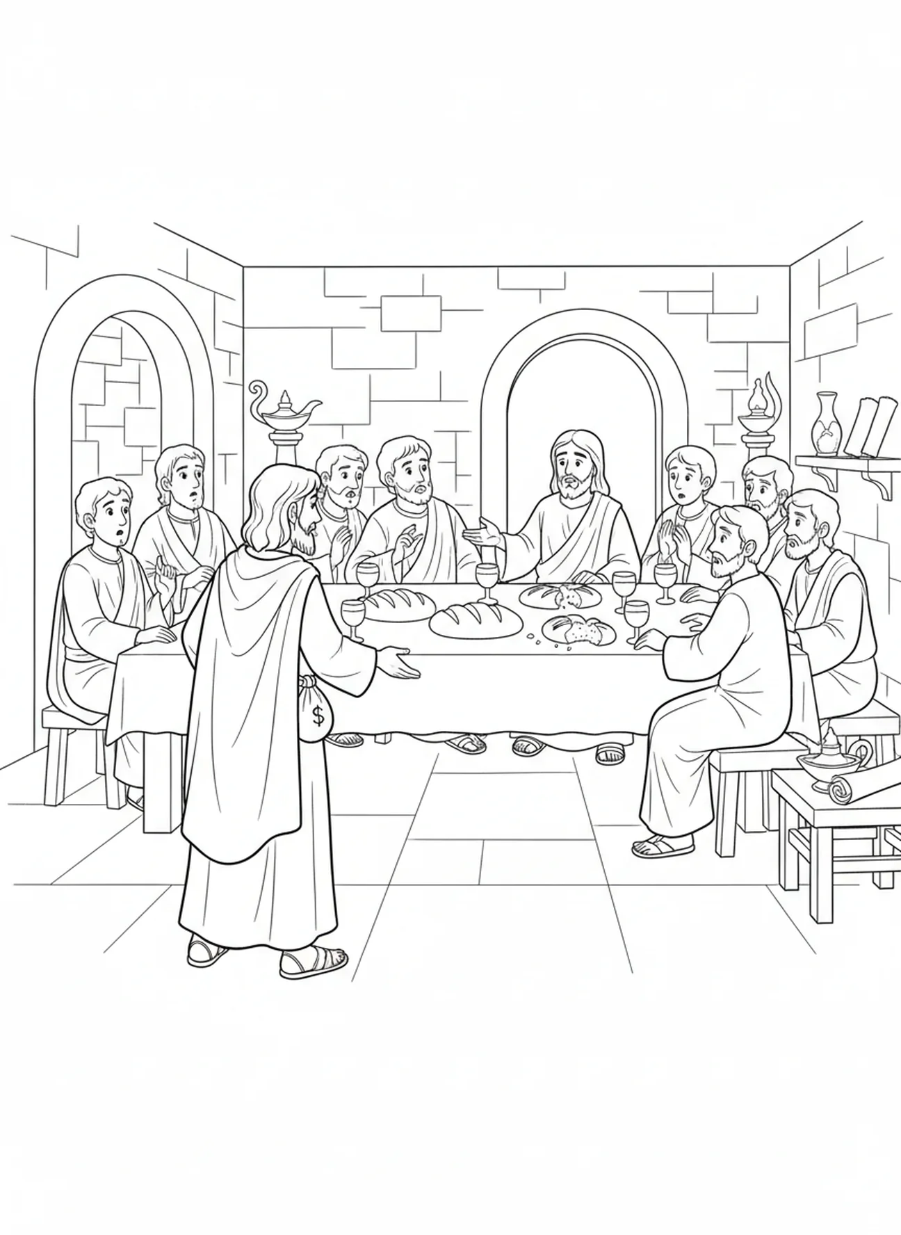 Judas verlässt das letzte Abendmahl, Ausmalbild für die Sonntagsschule für Kinder im Alter von 5-12 Jahren.