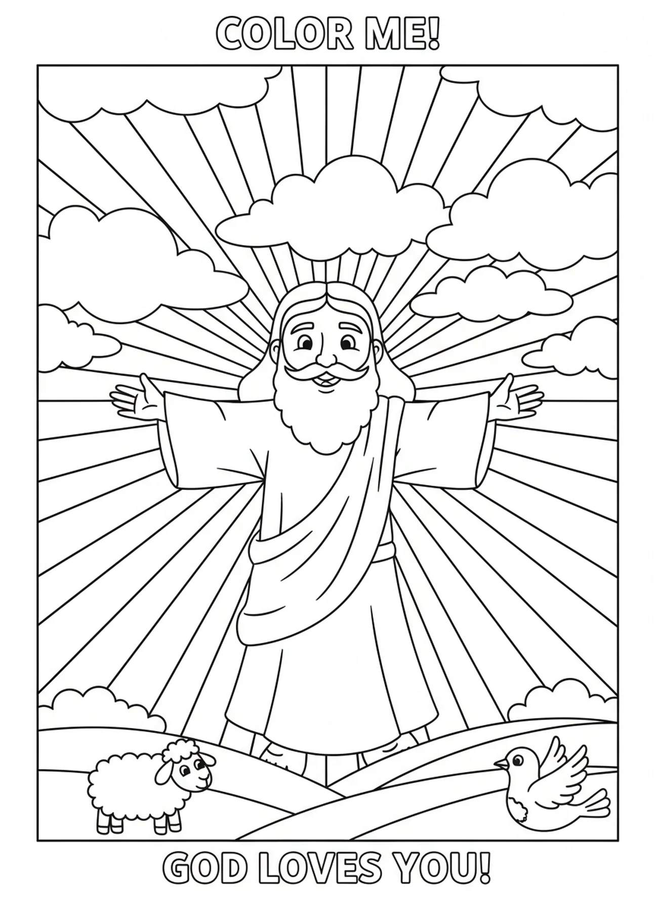Heavenly Father figure, Lords Prayer coloring page for kids age 5-10