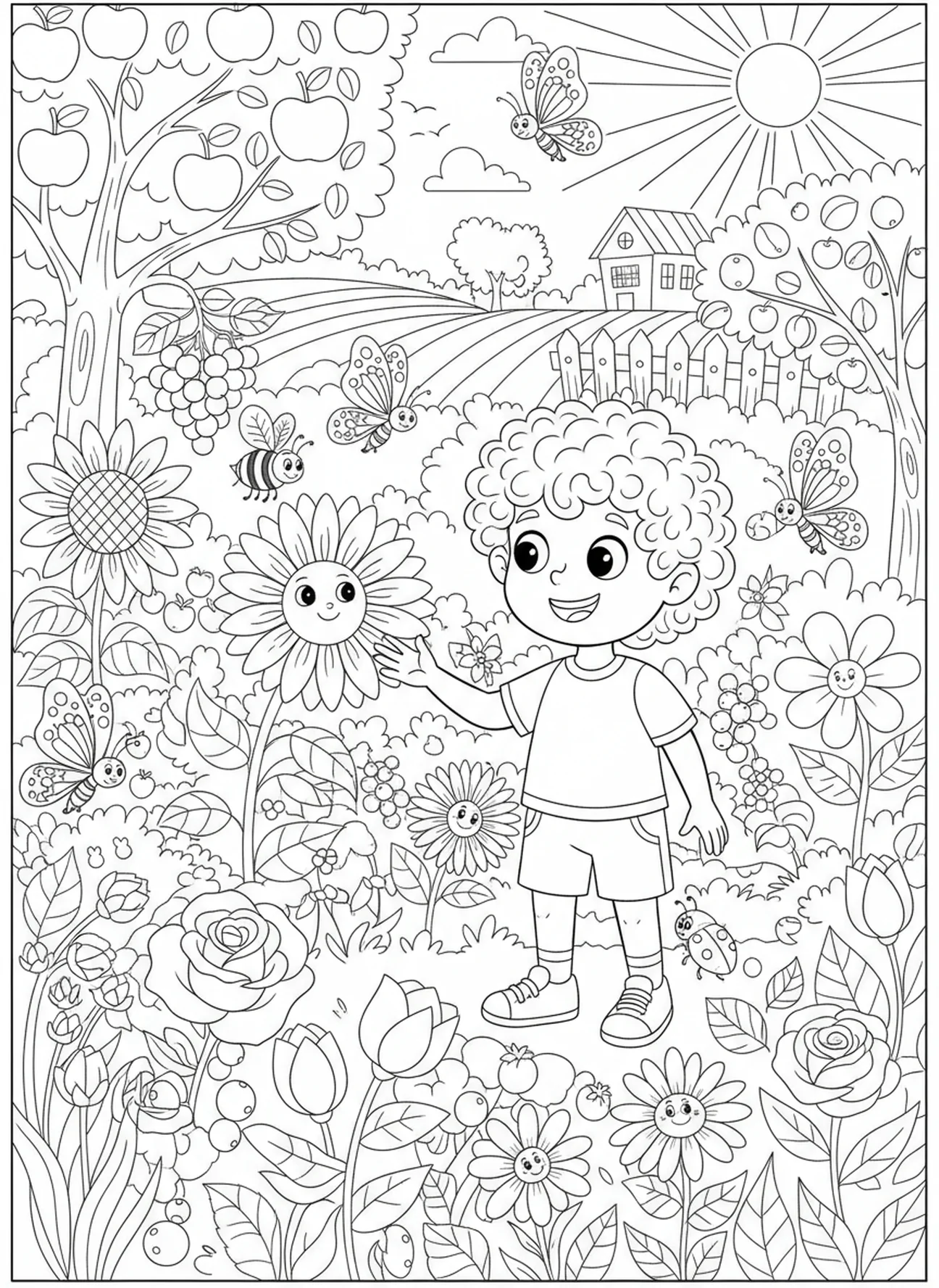 Child in a garden, Lords Prayer coloring page for kids age 5-10
