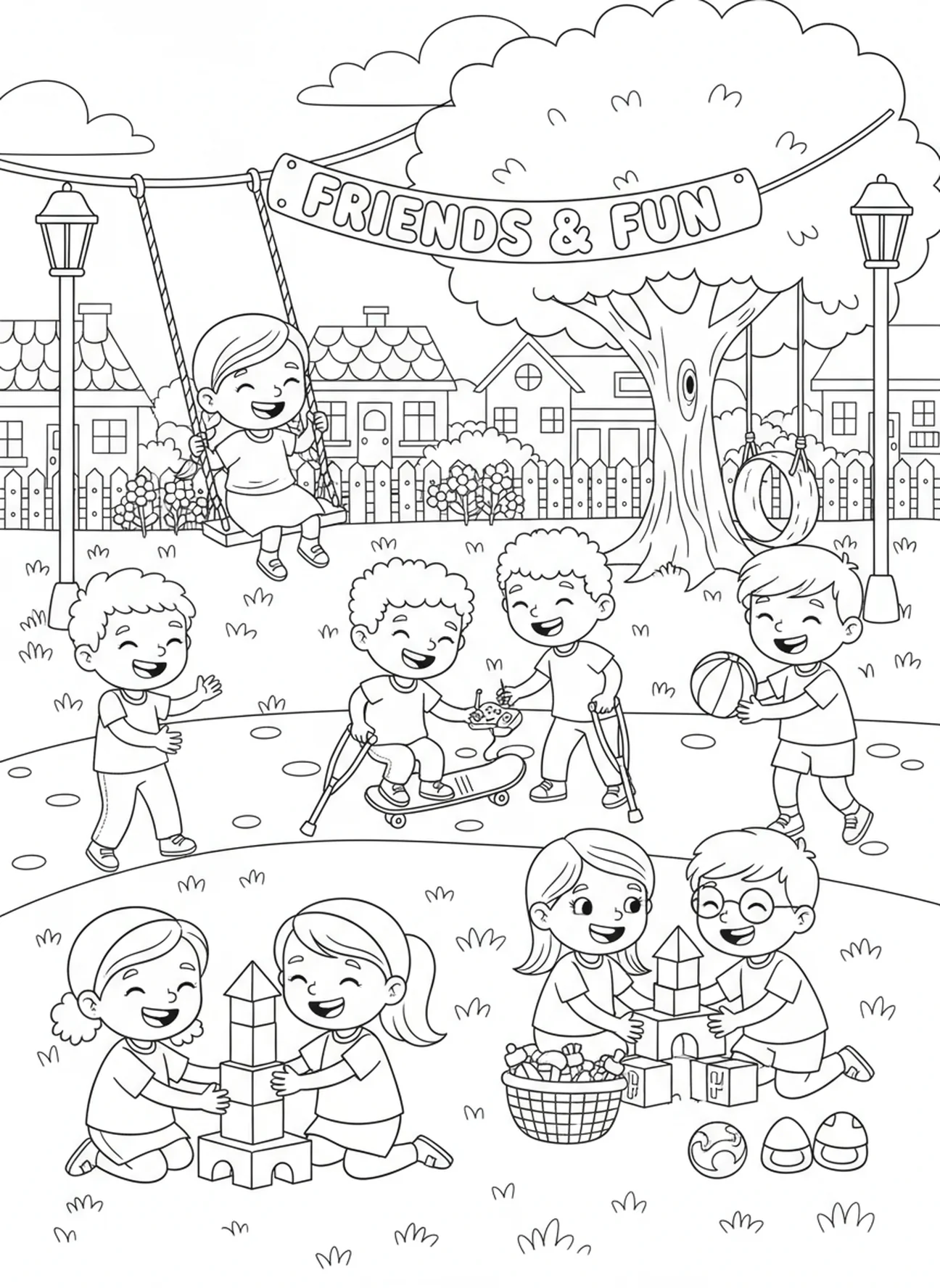 Children playing in community, Lords Prayer coloring page for kids age 5-10