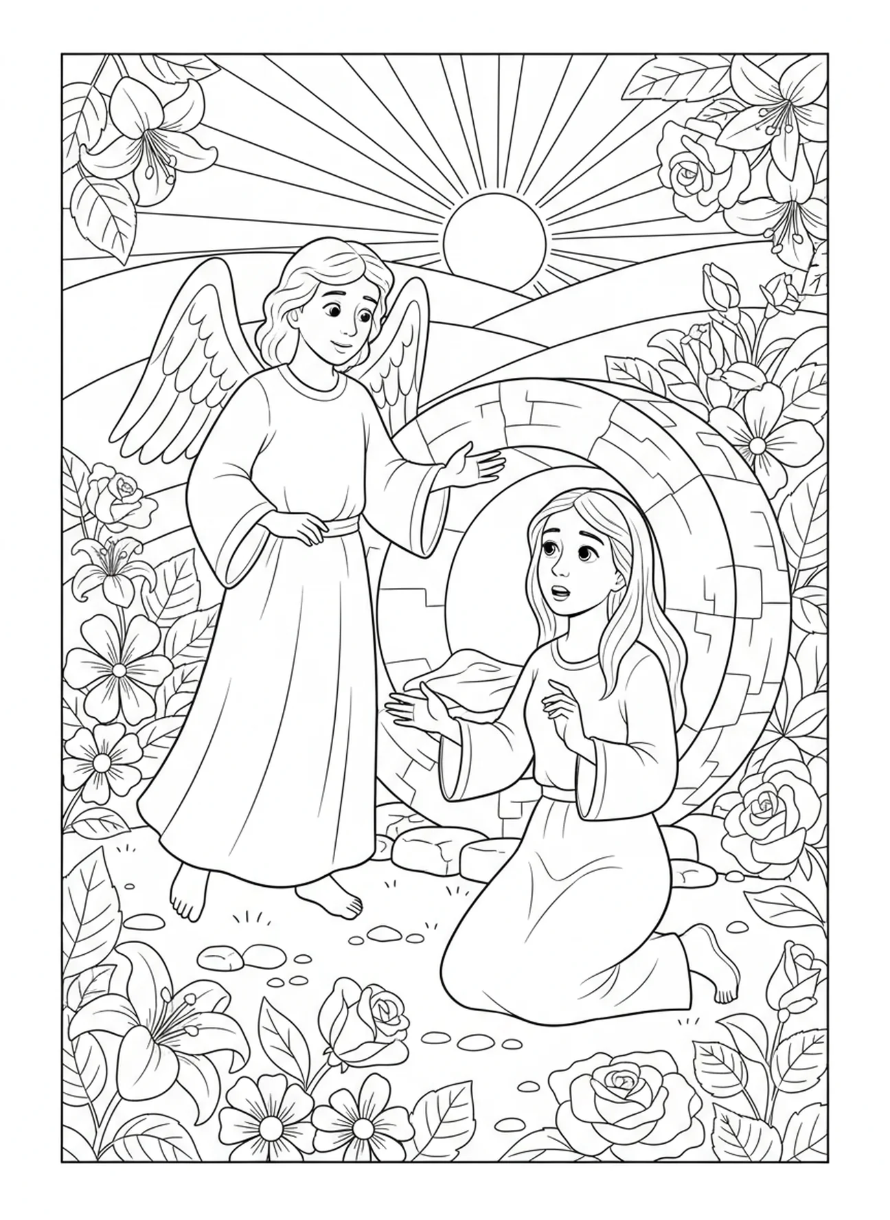 Ein Engel offenbart Maria Magdalena die Botschaft, Ausmalbild von Maria Magdalena für Kinder im Alter von 5-10 Jahren.