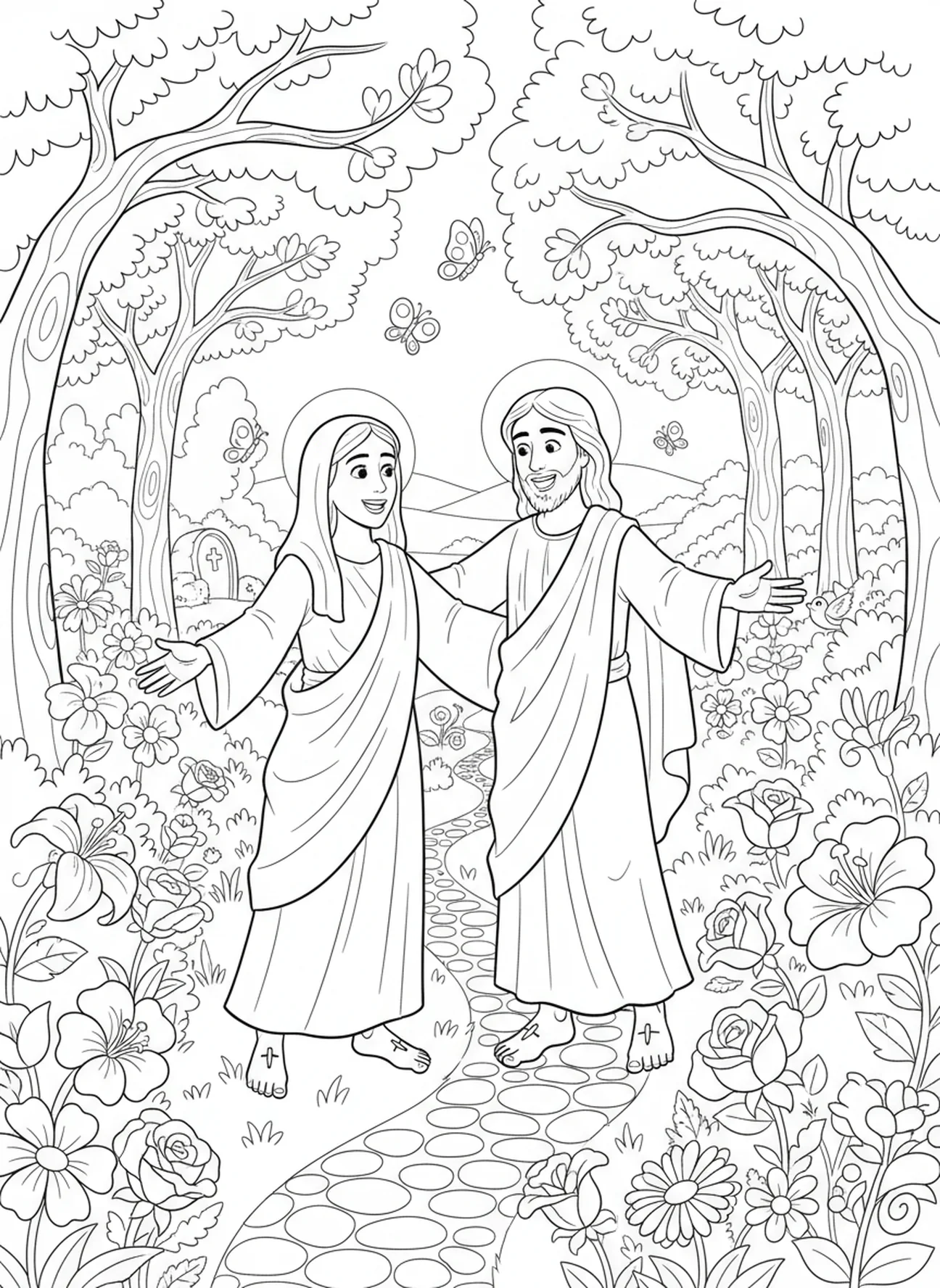 Maria Magdalena trifft Jesus im Garten, Ausmalbild für Kinder im Alter von 5-10 Jahren.